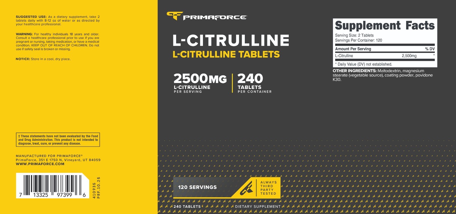 PrimaForce L-Citrulline 2500mg, 240 Tablets, 120 Servings