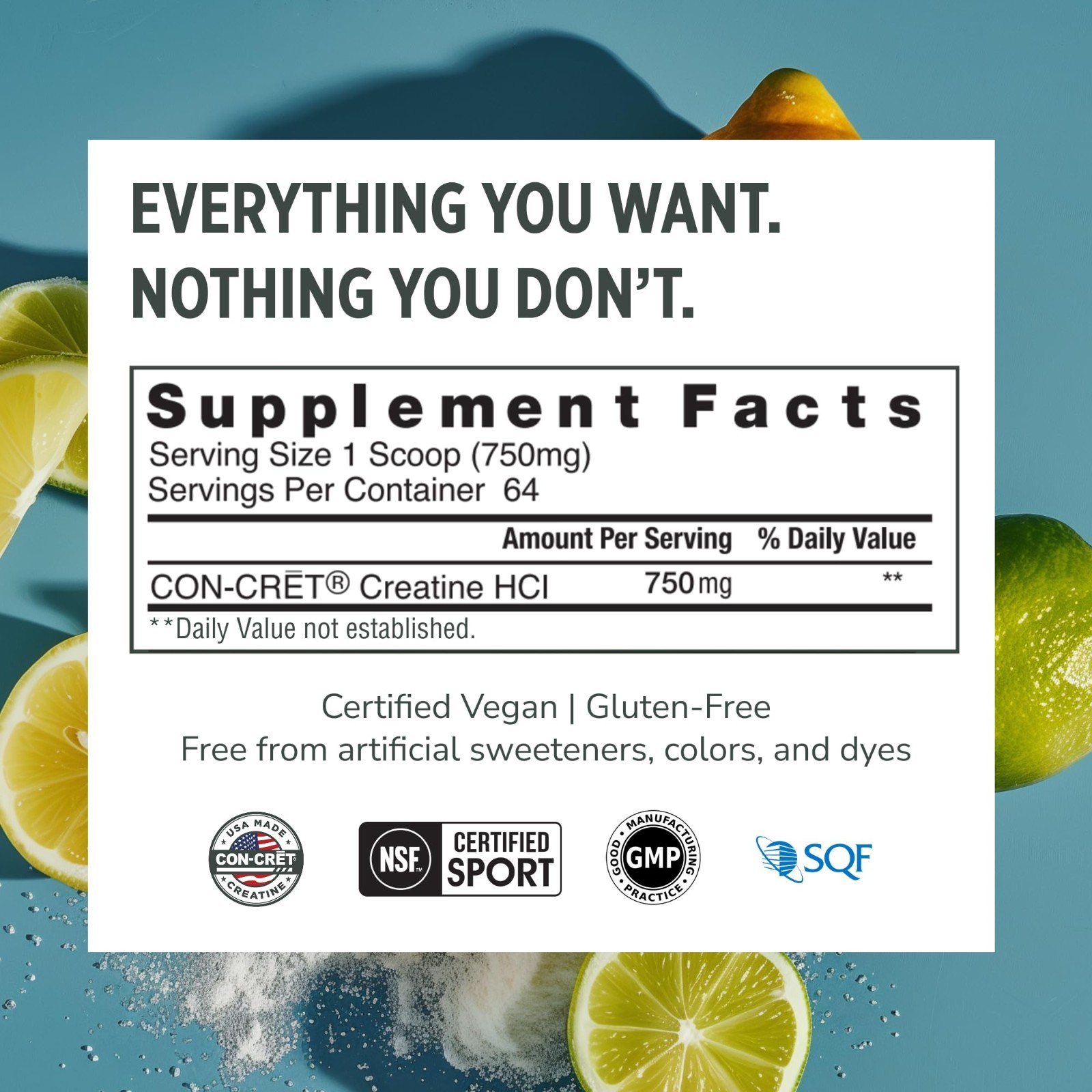 Creatine HCl Powder for Muscle & Strength Support, Lemon Lime, 64 Servings, No B