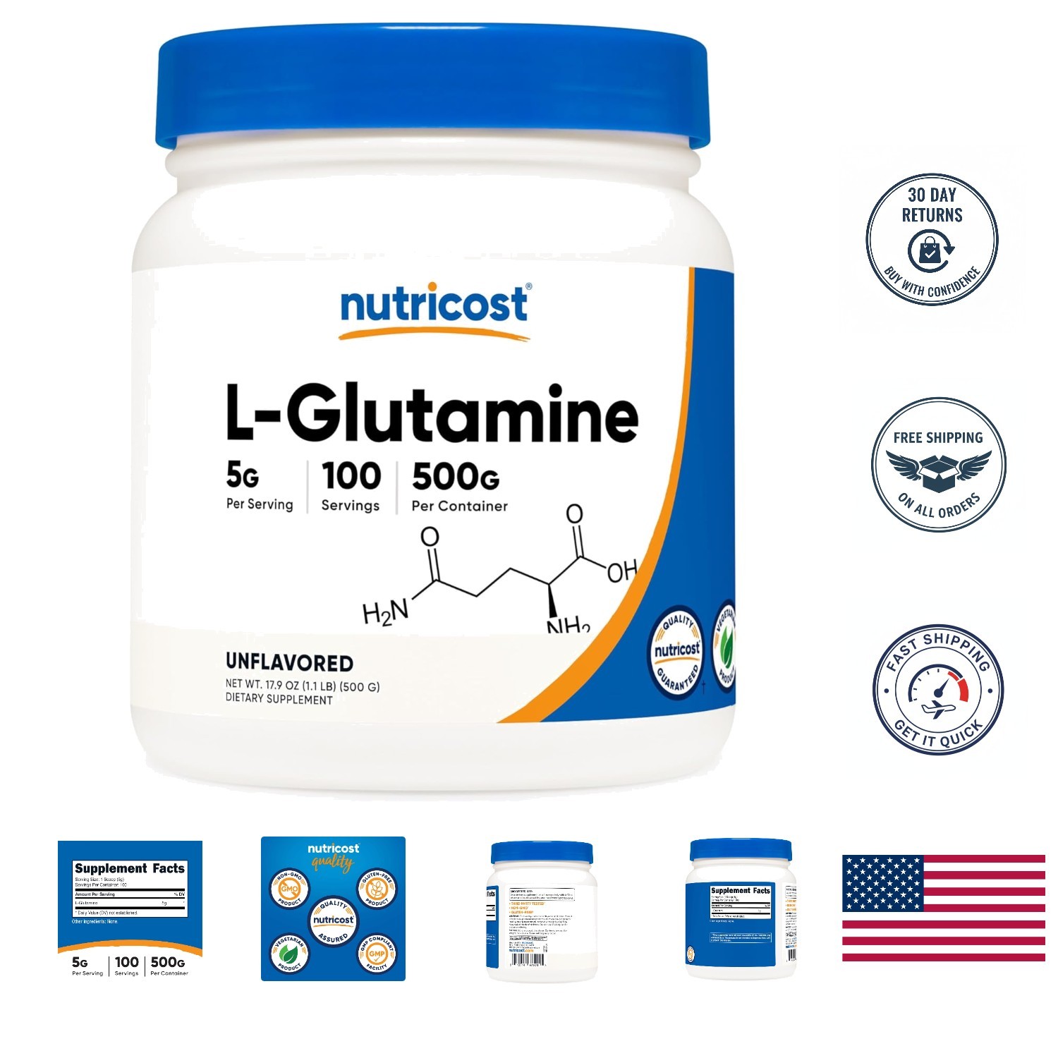 1.1 lb L-Glutamine Powder – 100 Servings of Gluten-Free & Vegetarian Wellness