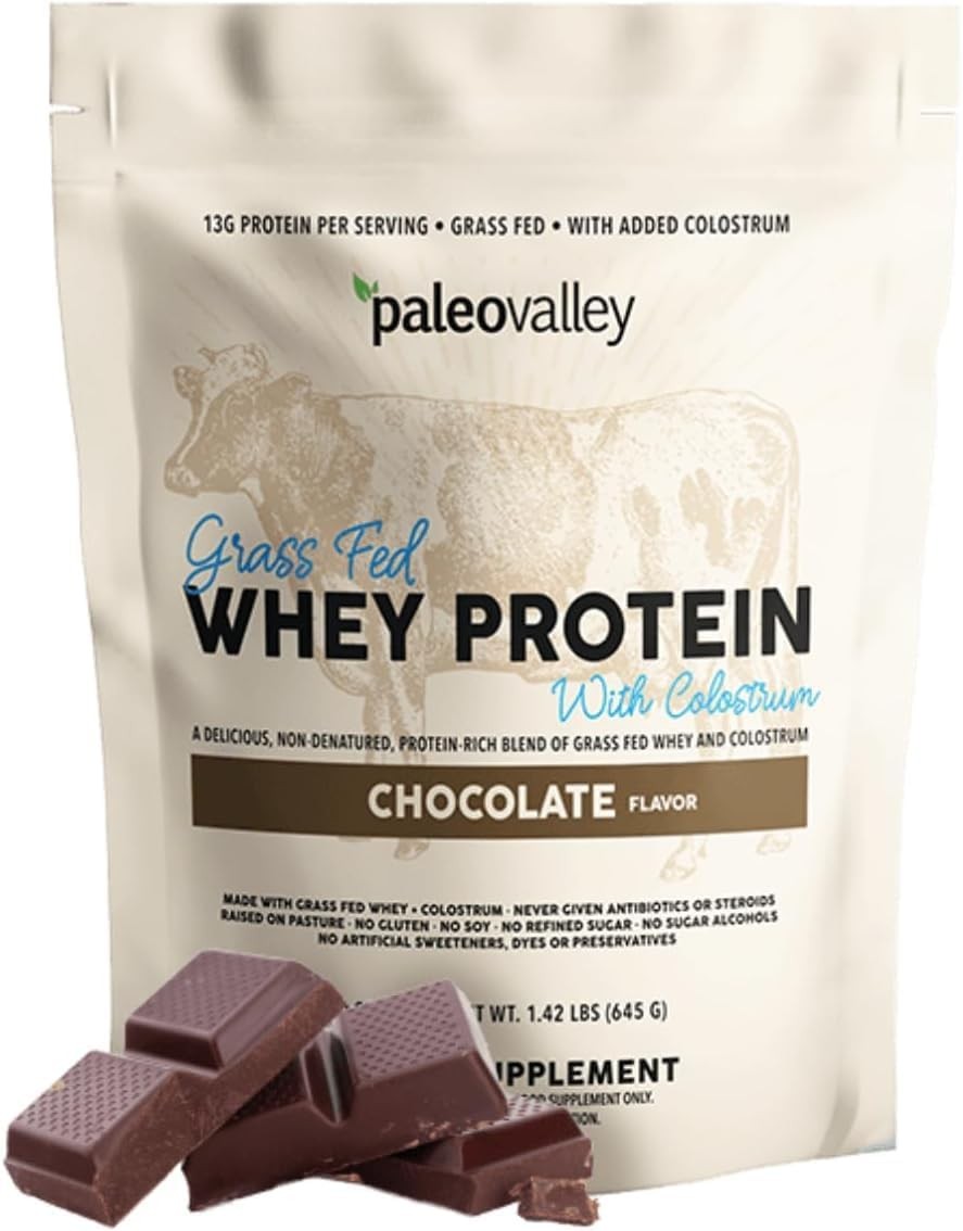 Paleovalley 100% Grass Fed Whey Protein Powder with Colostrum, Chocolate | Gut H