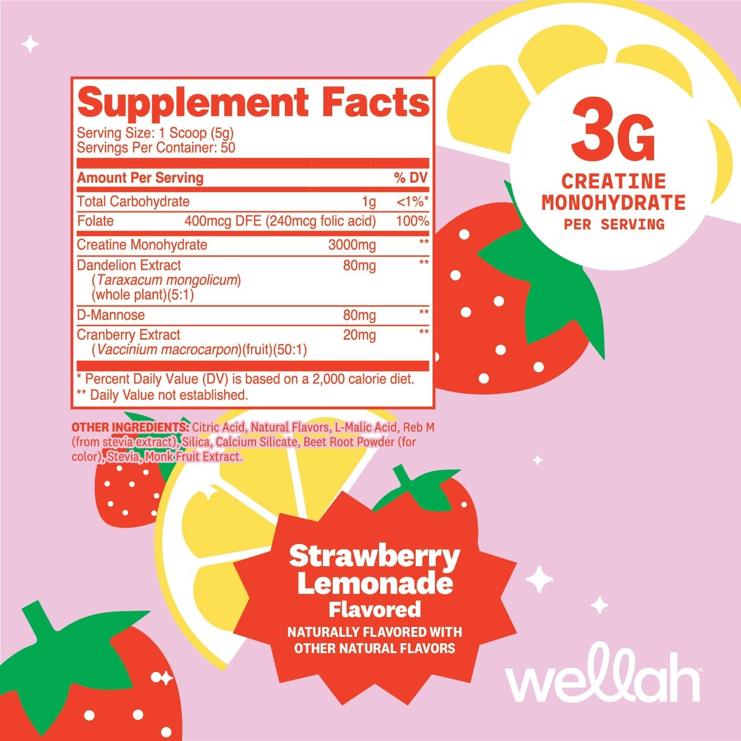 Creatine Monohydrate for Women – Strawberry Lemonade Flavor, 50 Servings, Dandel