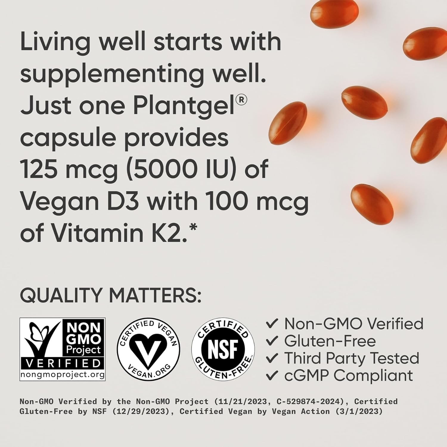 Sports Research Vegan Vitamin D3 K2 5000IU 60 Plant gels Non-GMO Soy-Free