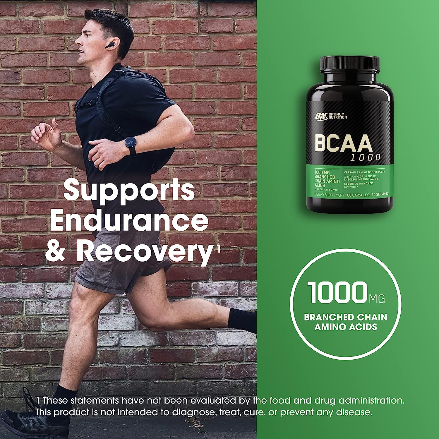 Optimum Nutrition BCAA 1000, 1,000 mg, 60 Capsules (500 mg per Capsule)