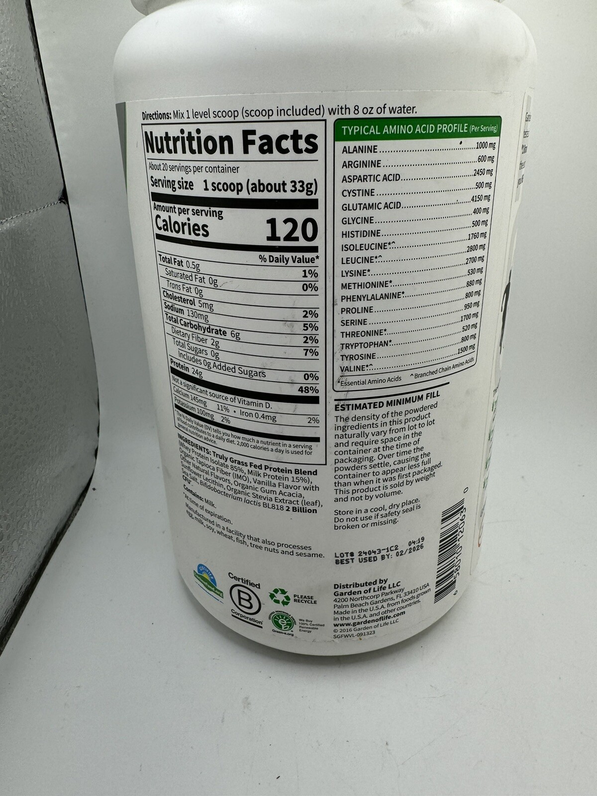 Garden Of Life Sport Certified Grass Fed Whey Vanilla 23.28oz (660g) New Sealed