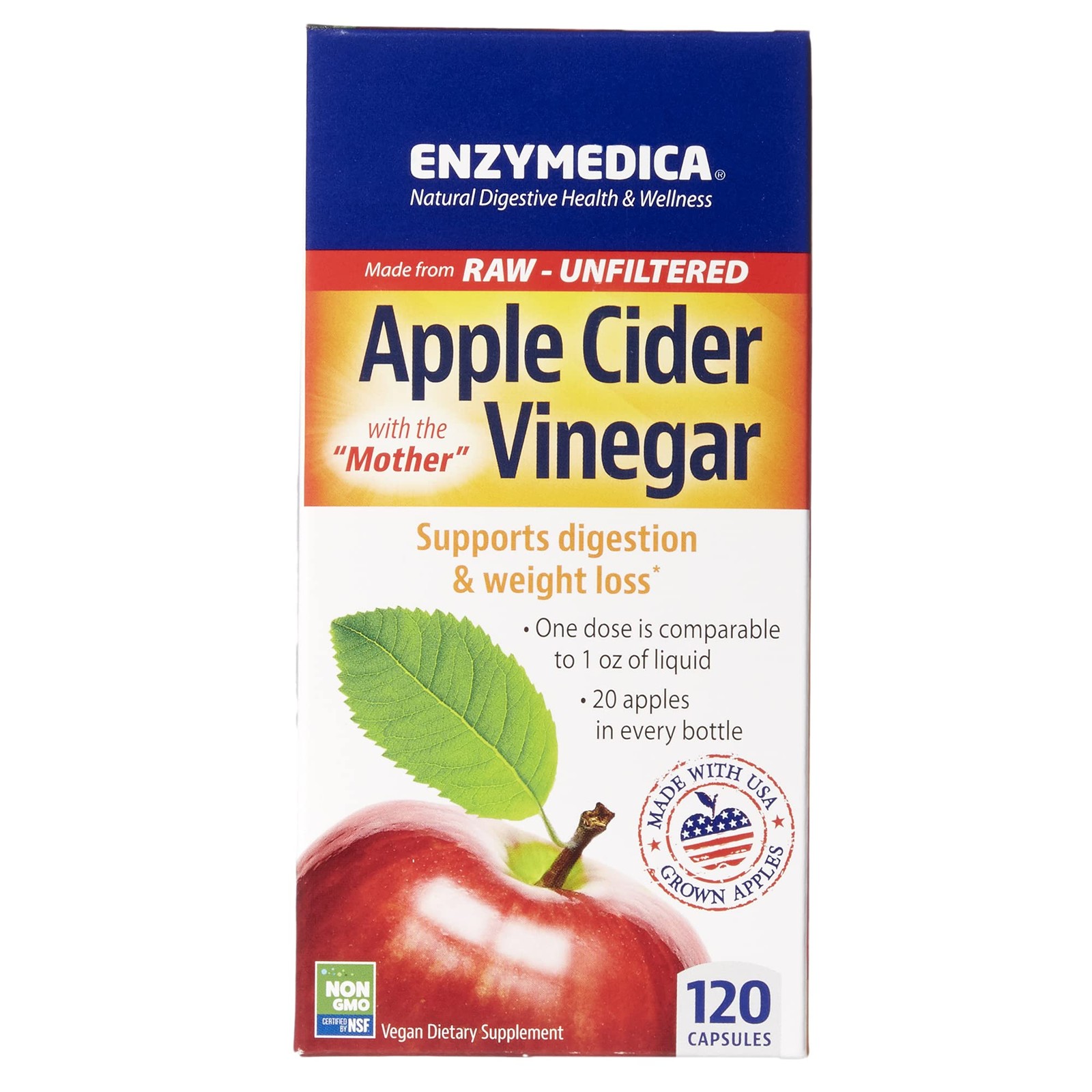 Enzymedica Apple Cider Vinegar Healthy Weight And Digestive Support 120 Count