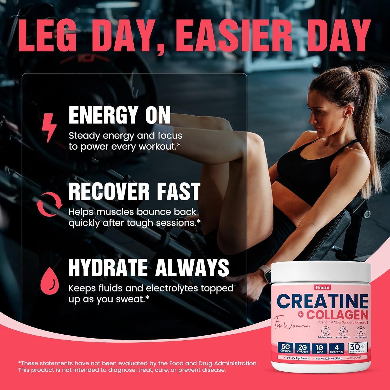 Giotto Creatine for Women Micronized Monohydrate Powder Collagen BCAAs 30 Serve