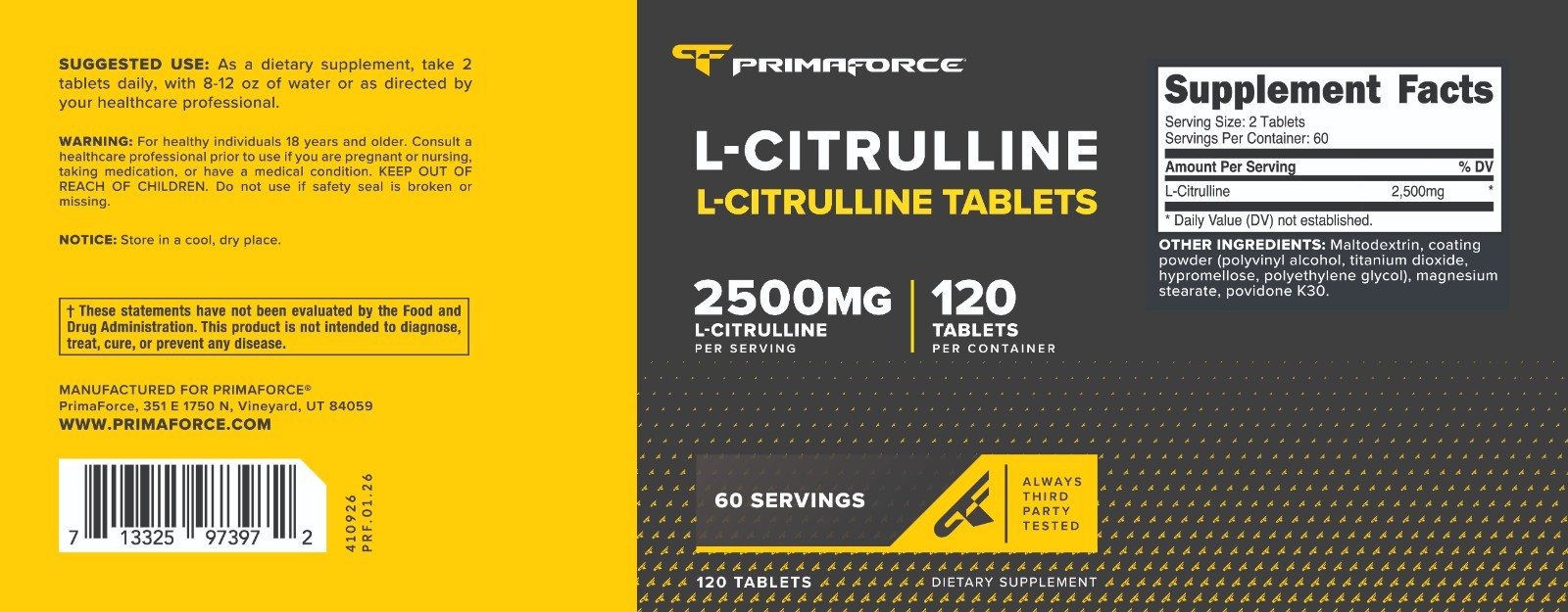 PrimaForce L-Citrulline 2500mg, 120 Tablets, 60 Servings