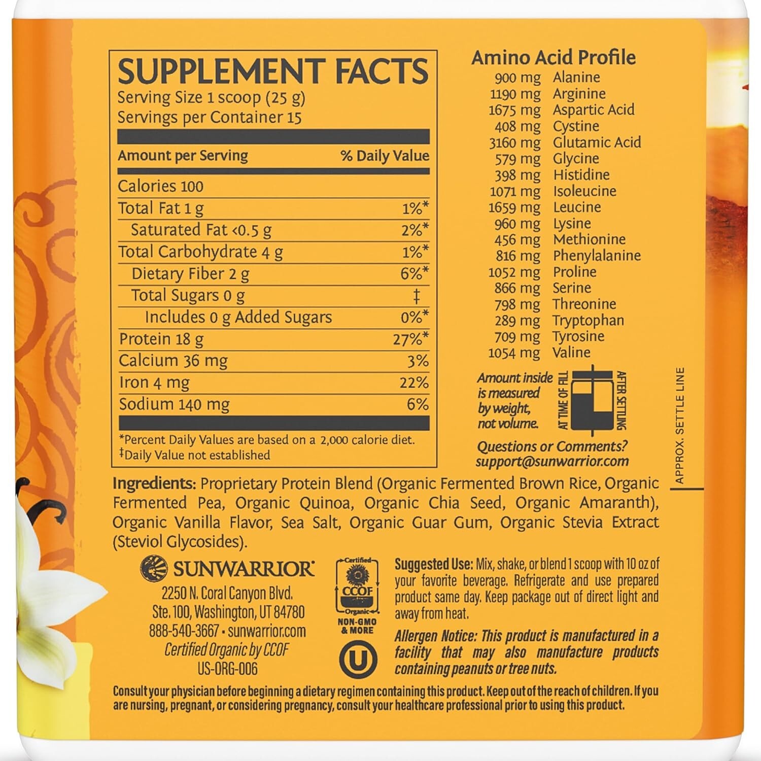 Sunwarrior Organic Classic Plus Vanilla Protein Powder, Vanilla 13.2 oz