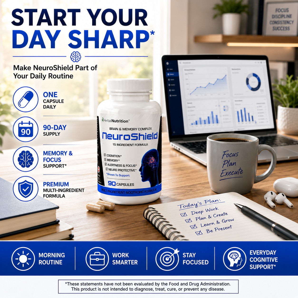 Brain Booster Supplement Memory, Focus, Bacopa, Huperzine & More 90 Caps 3 Pack