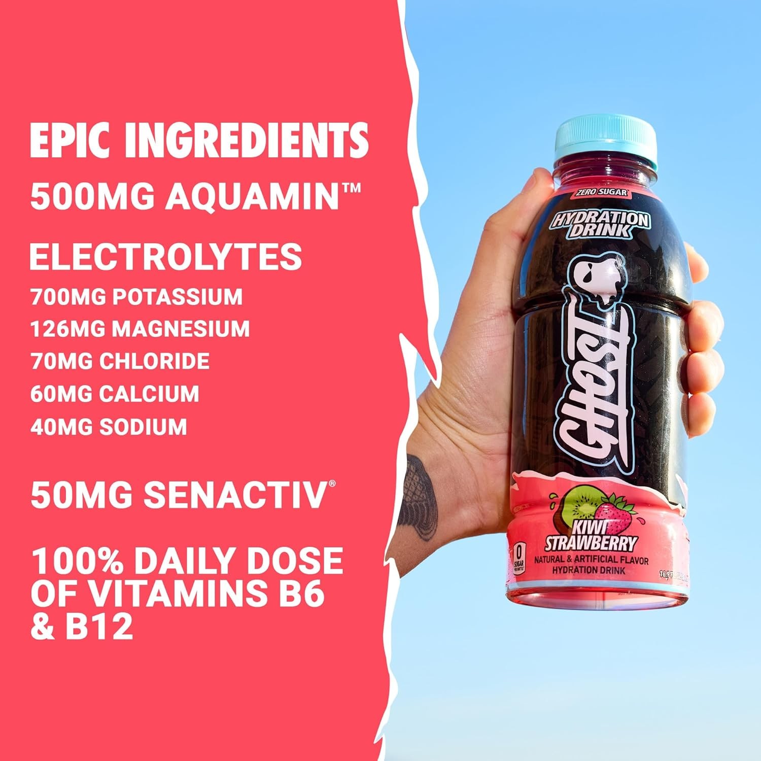 GHOST Hydration Drink, Kiwi Strawberry- RTD Sports Drink with Electrolytes,…
