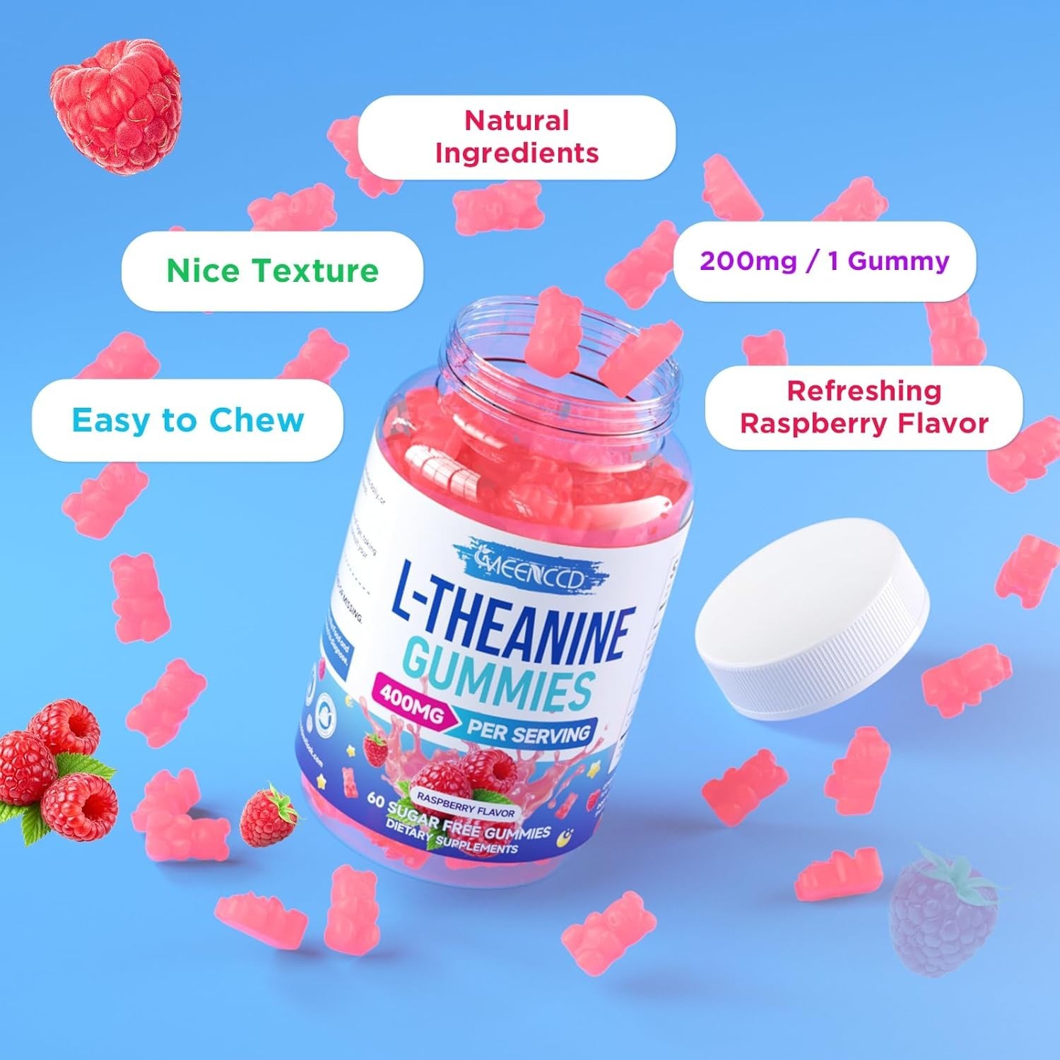 MEENCCD L-Theanine Gummies 400mg, Sugar-Free L-Theanine Supplement for Focus