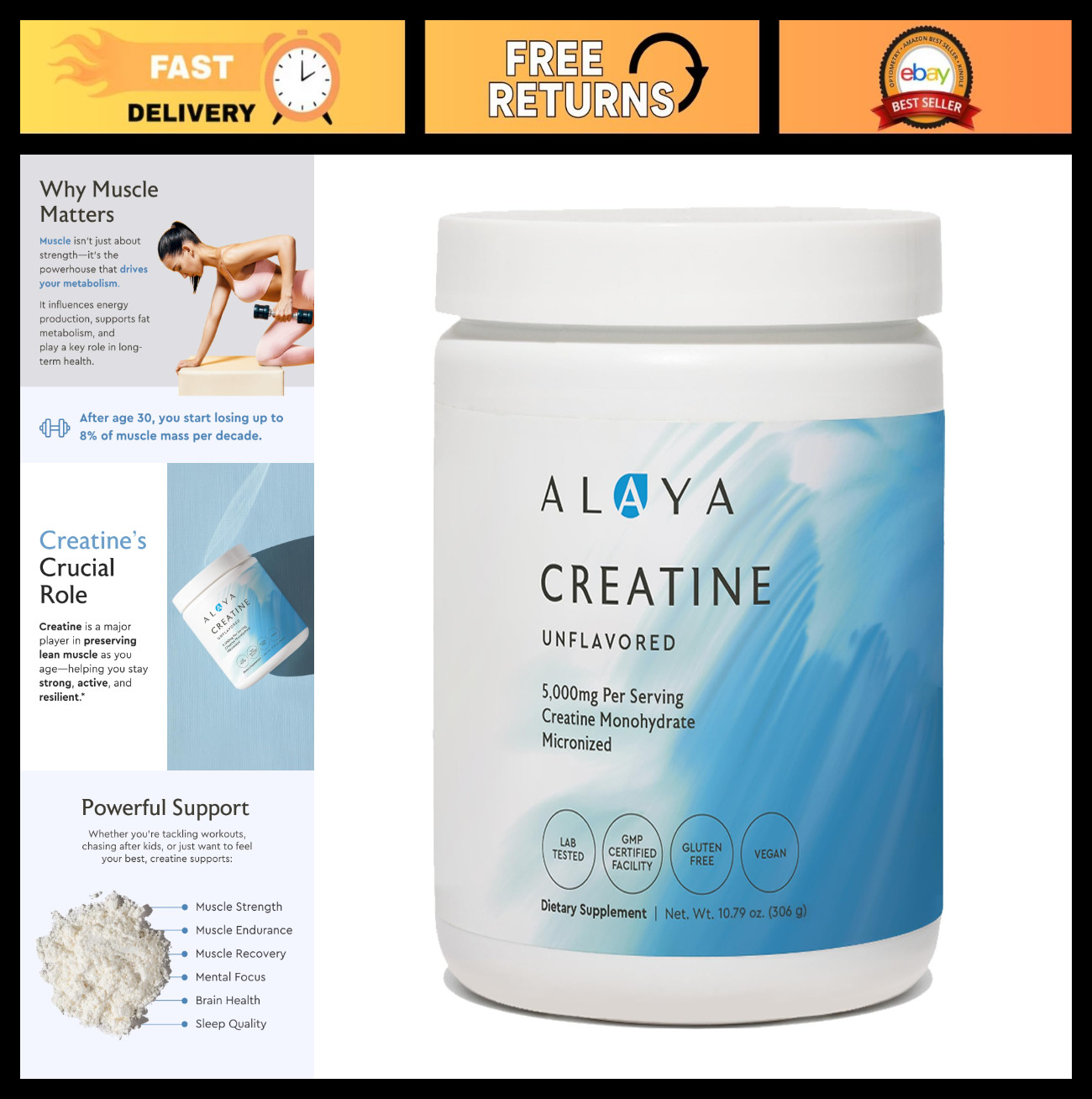Micronized Creatine Monohydrate Powder – Vegan, Non-GMO, Flavorless, 5g for Stre