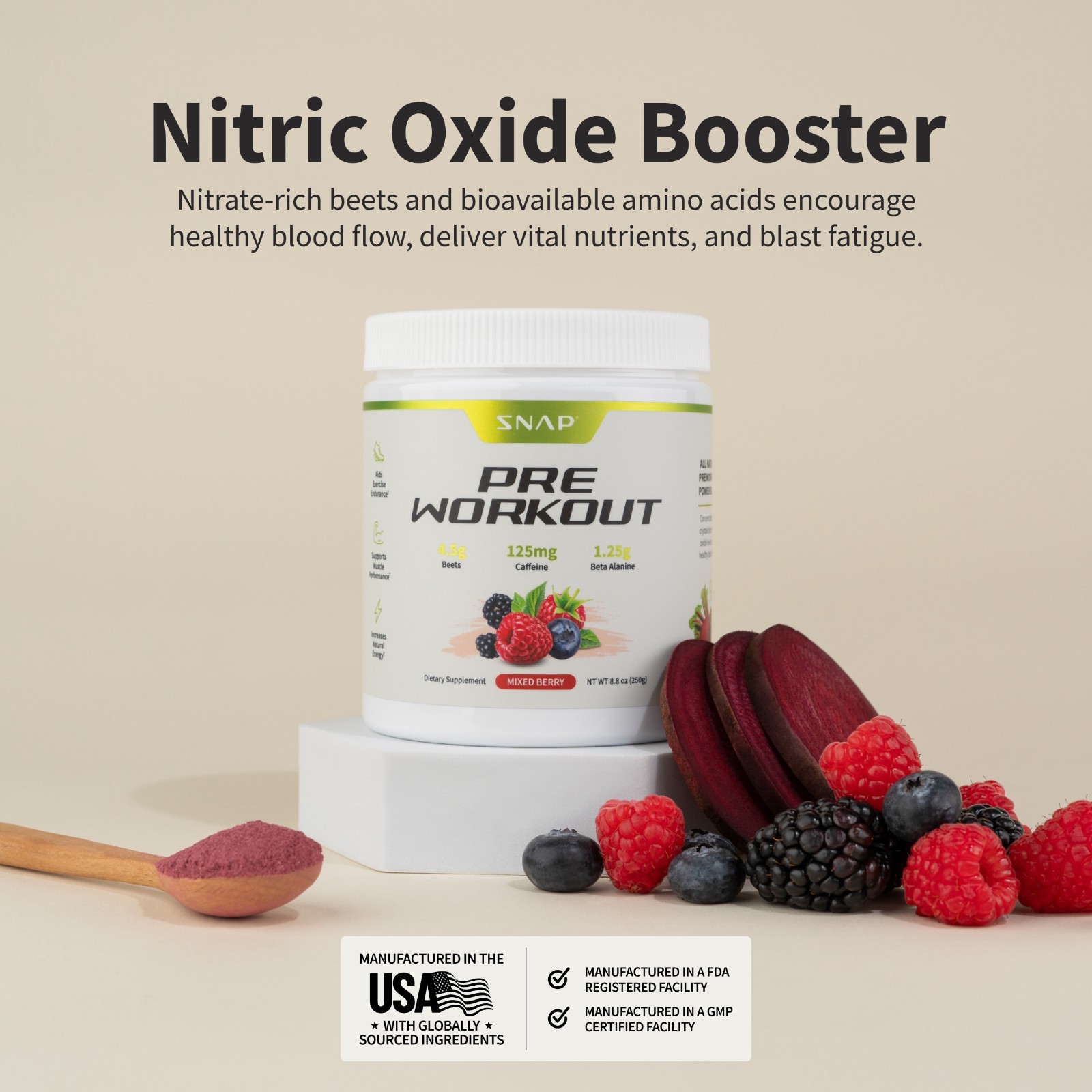 Beet Root Pre Workout Powder Organic Snap Supplements Nitric Oxide Booster 8.8oz