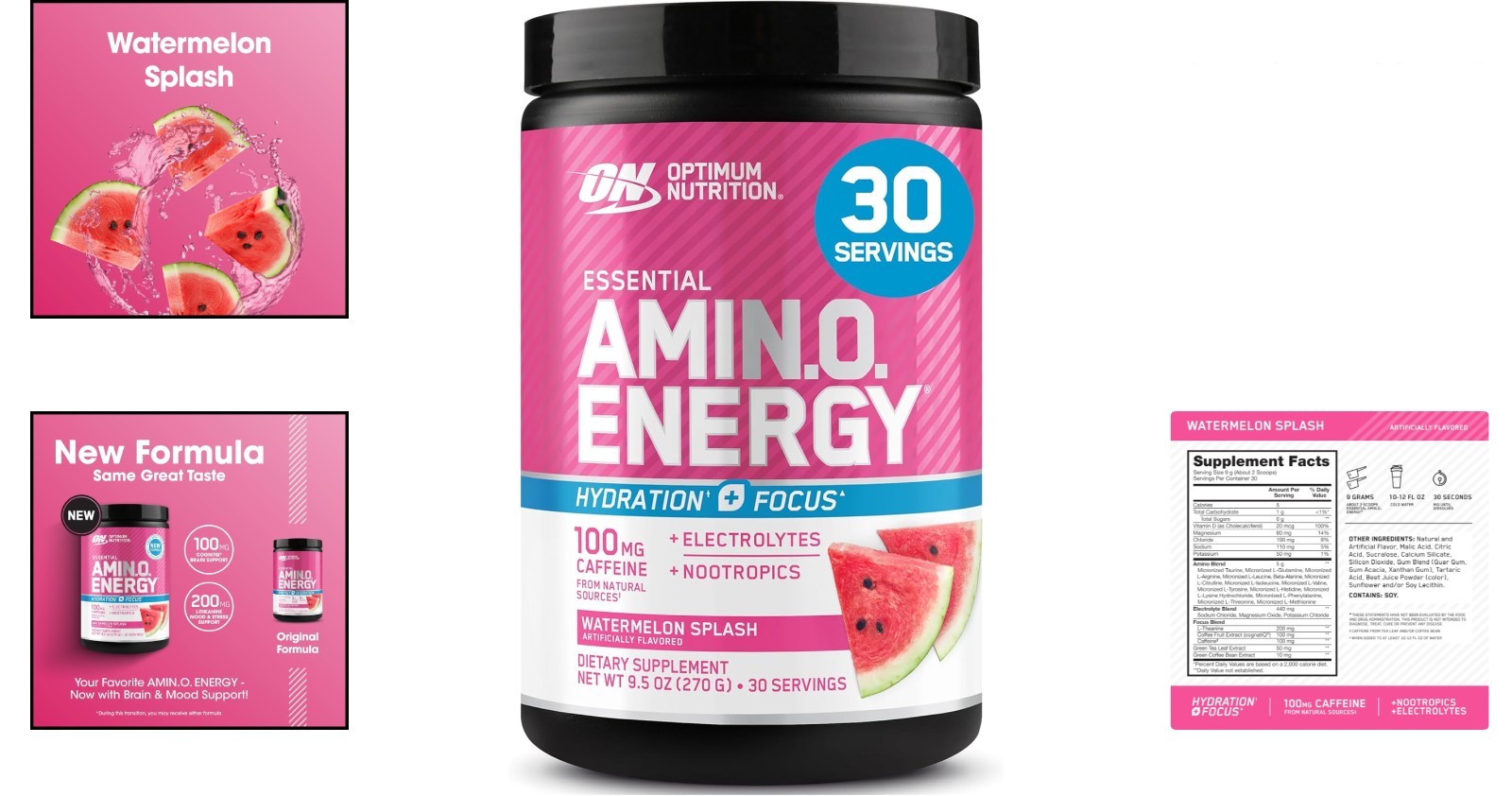 Watermelon Splash Amino Energy Drink Powder with BCAA, 30 Servings, Gluten-Free