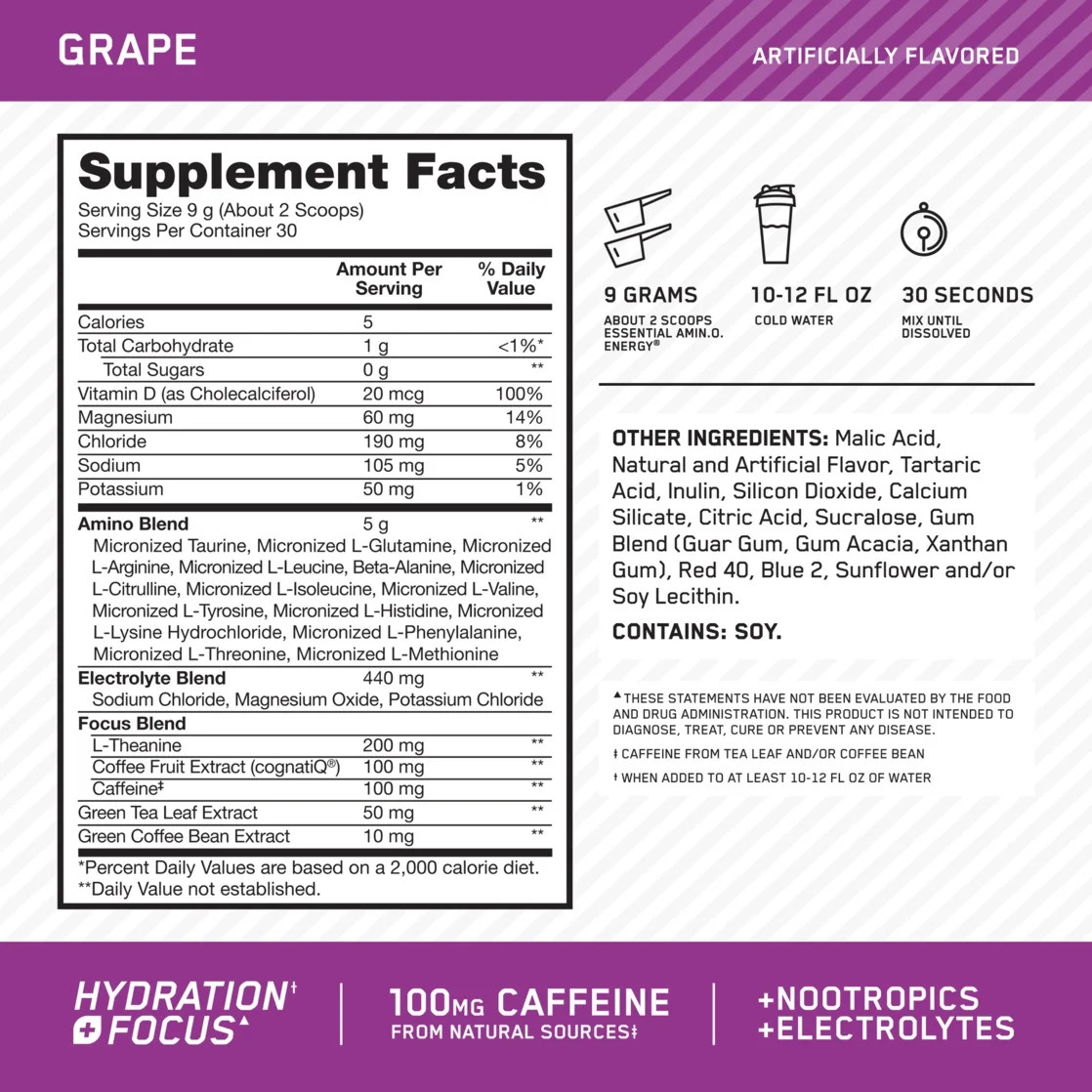 Amino Energy Hydration + Focus Pre Workout Powder Grape 9.5 Oz