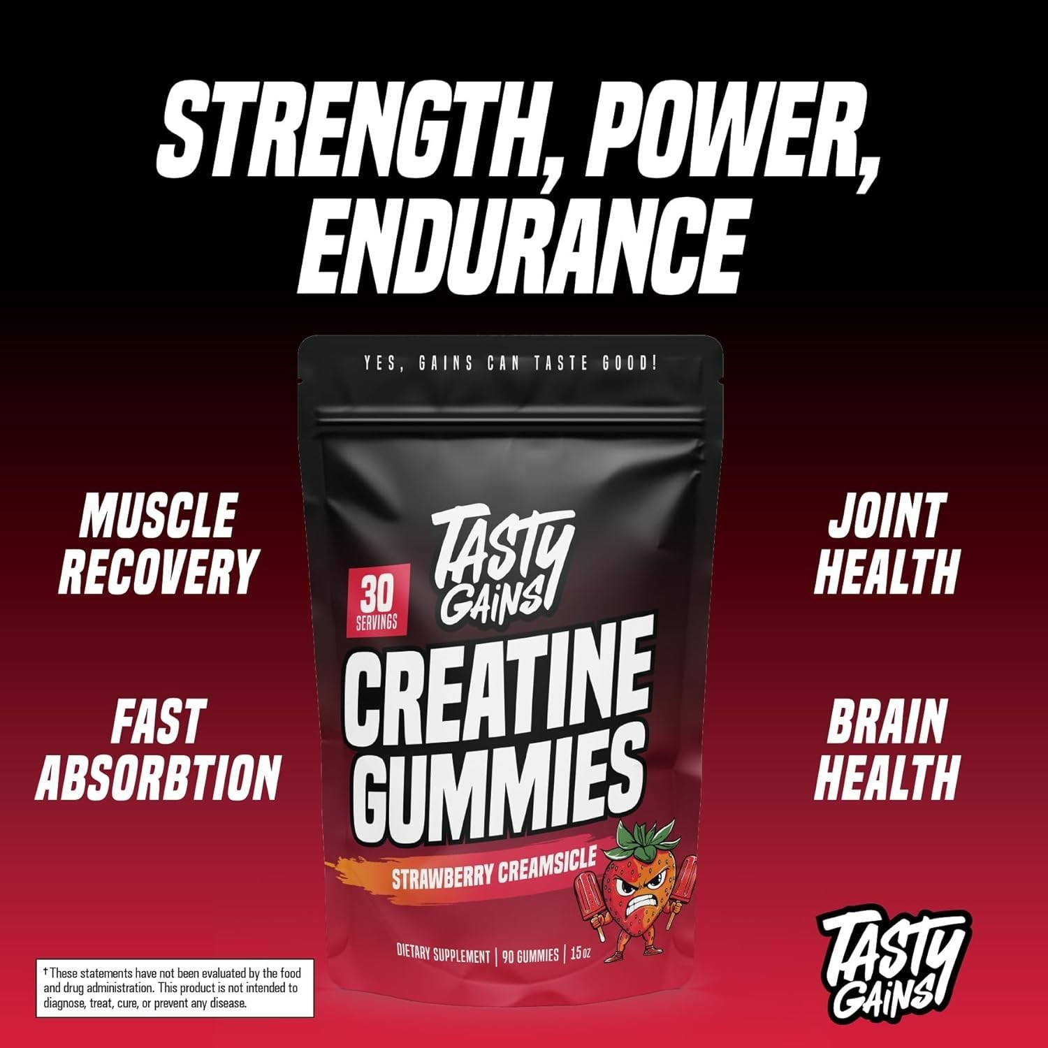TASTY GAINS Creatine Gummies 90g Creatine Monohydrate Strawberry – 90 Gummies