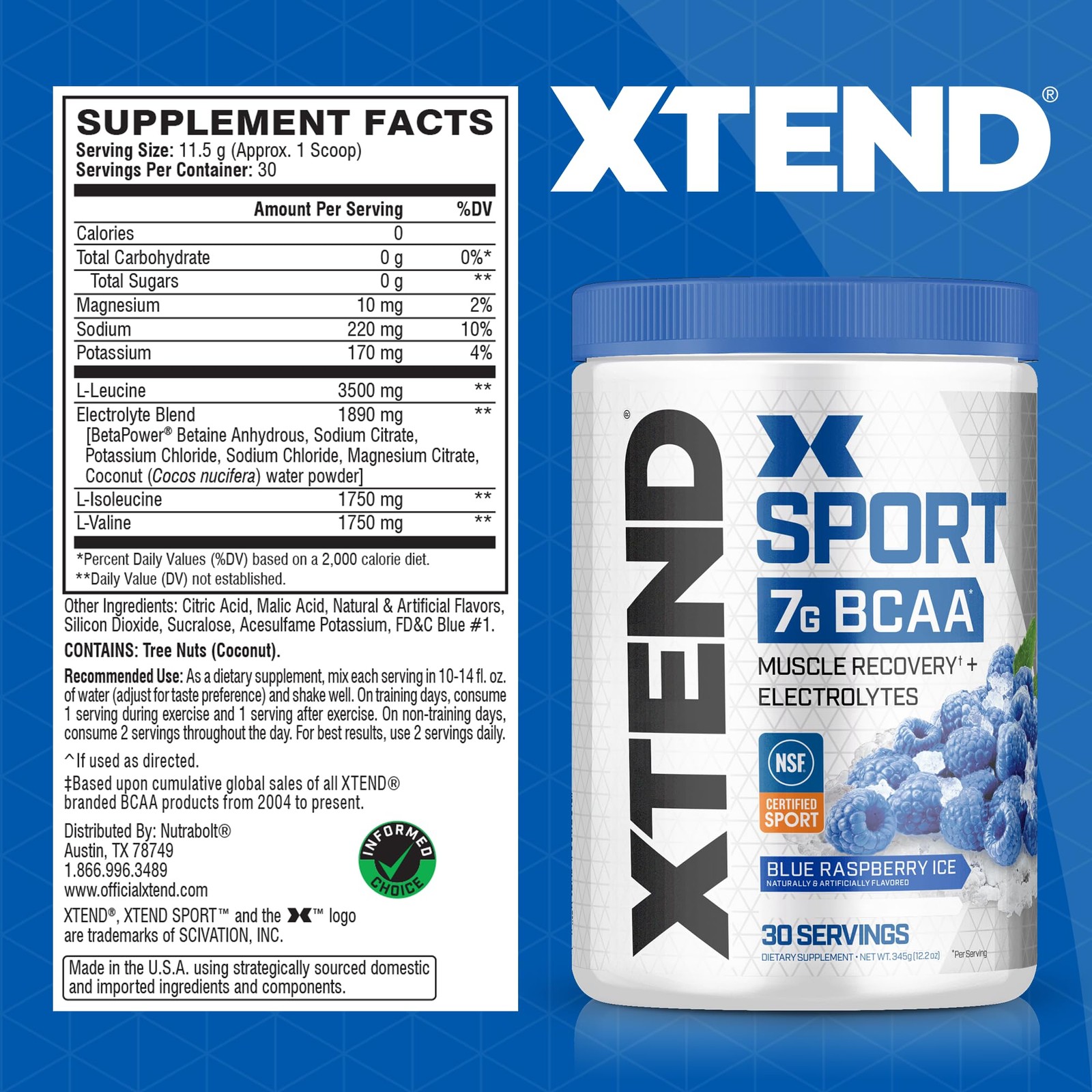 XTEND Sport BCAA Powder Blue 12.2 Ounce (Pack of 1), Raspberry Ice