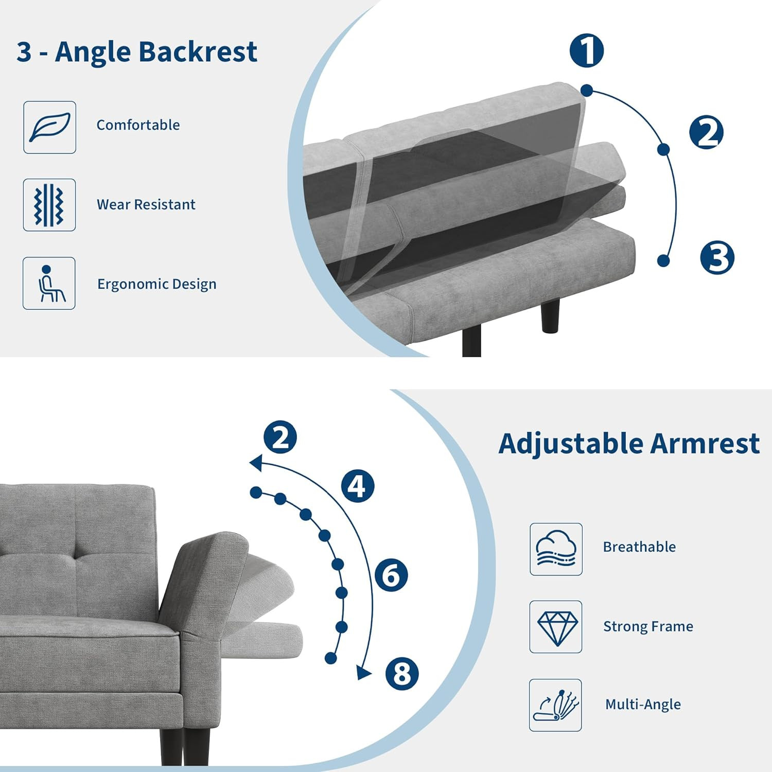89″ Modern Futon Sofa Bed with Adjustable Backrest & Armrest