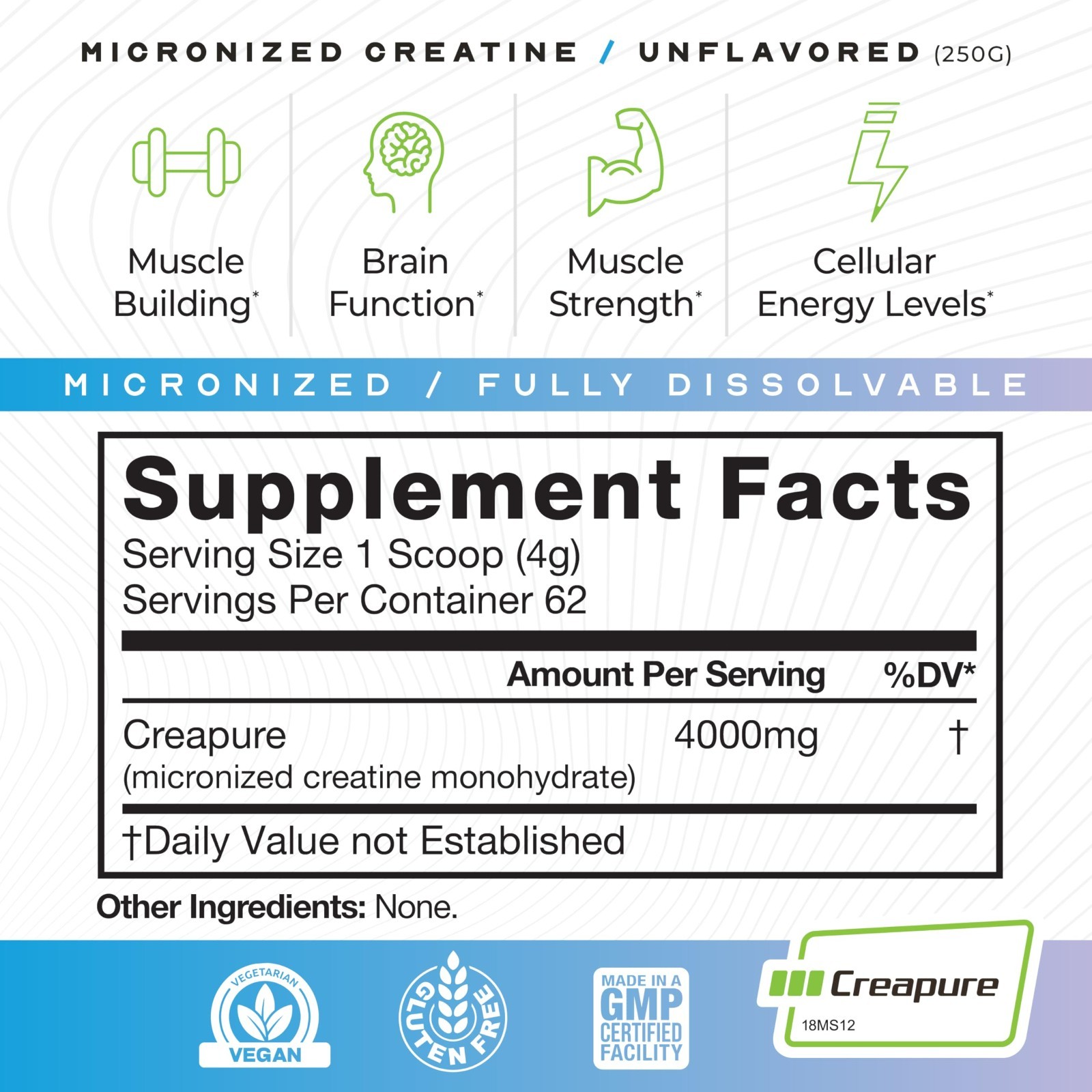 Micronized Creatine Monohydrate Powder 250g – Unflavored, Vegan, Easy Mix, Pure,