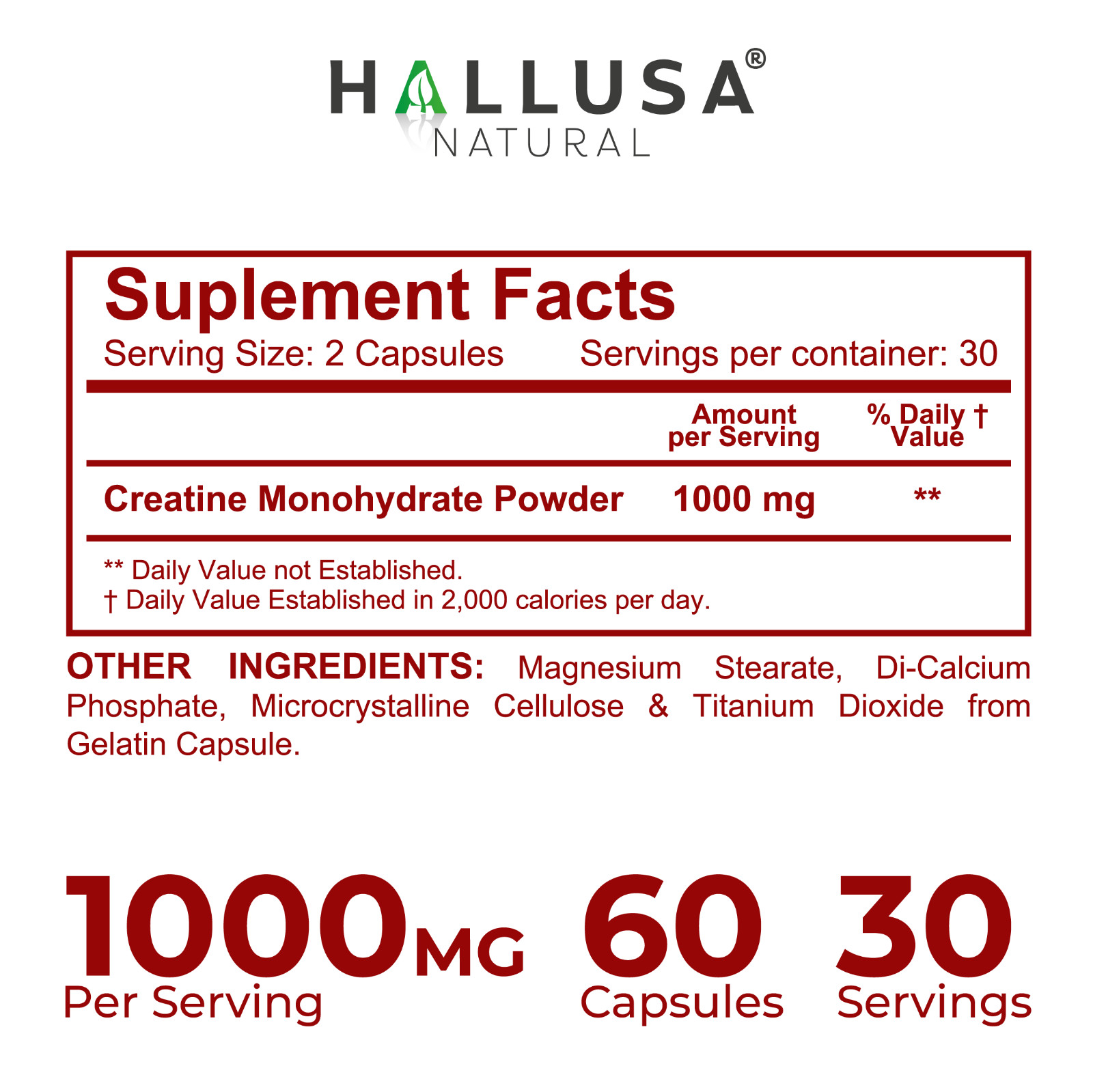 CREATINE Monohydrate – Muscle Growth – Strength, Performance & Recovery – 60 Cap