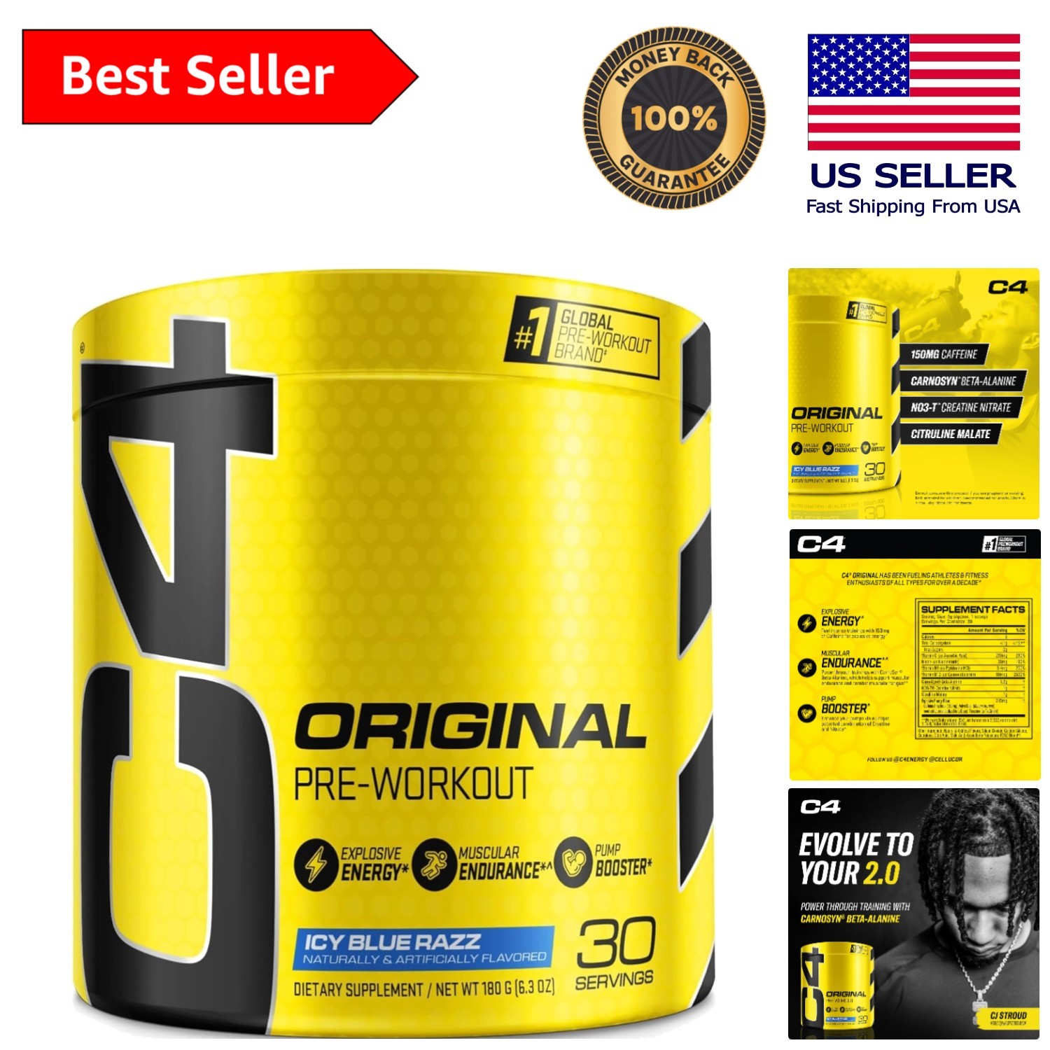 Pre-Workout Powder – Icy Blue Razz, 150mg Caffeine for Peak Performance
