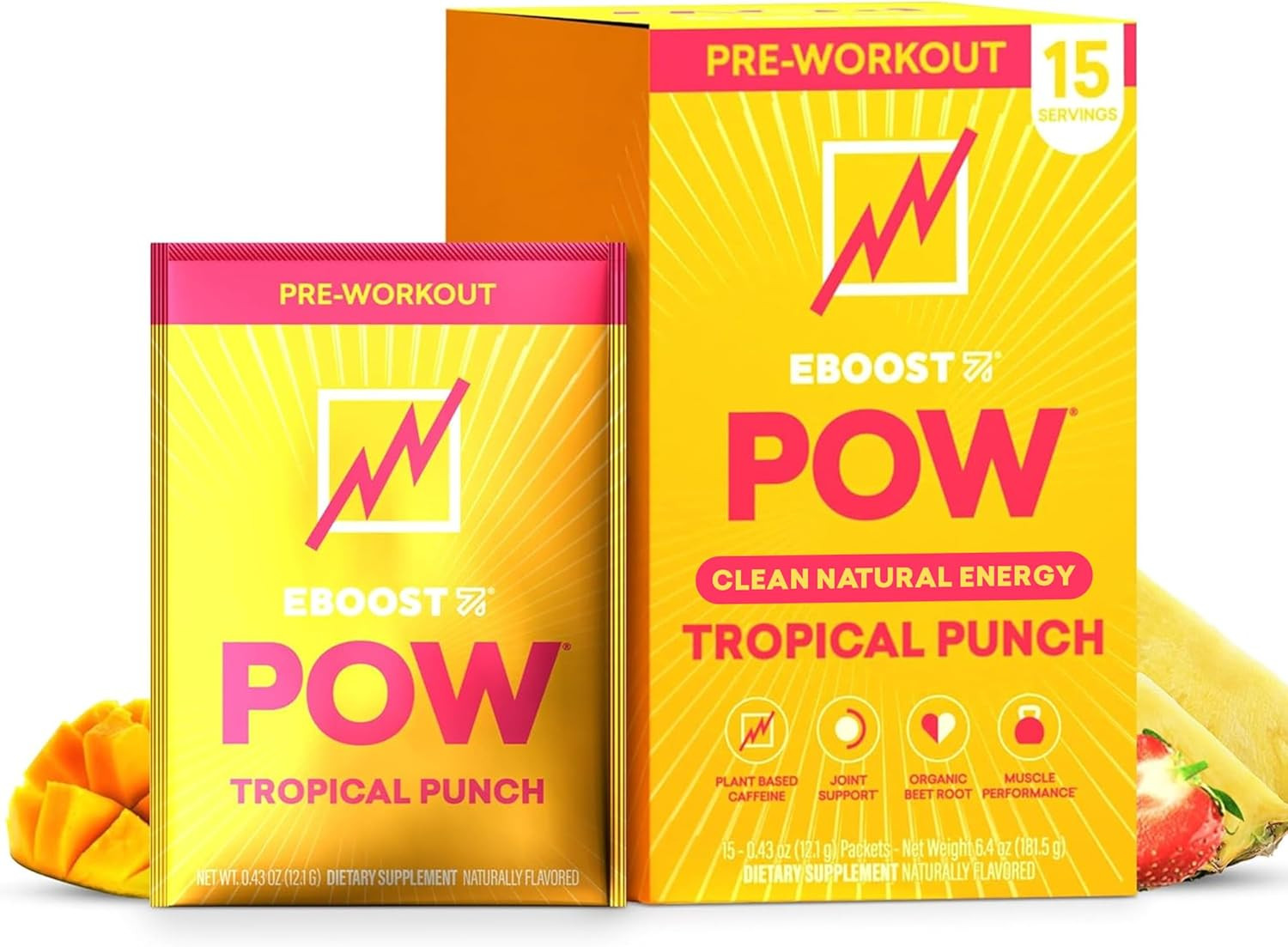 EBOOST POW Natural Pre Workout Powder, Tropical Punch, 15 Packets