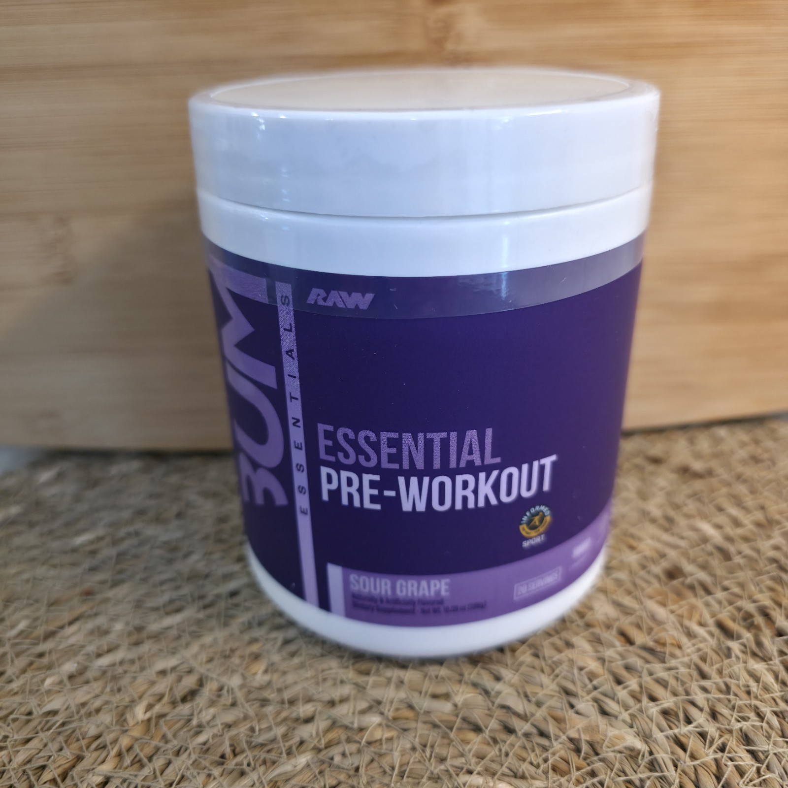 BUM ESSENTIALS RAW Pre Workout Sour Grape Energy Focus Endurance 20 Serving