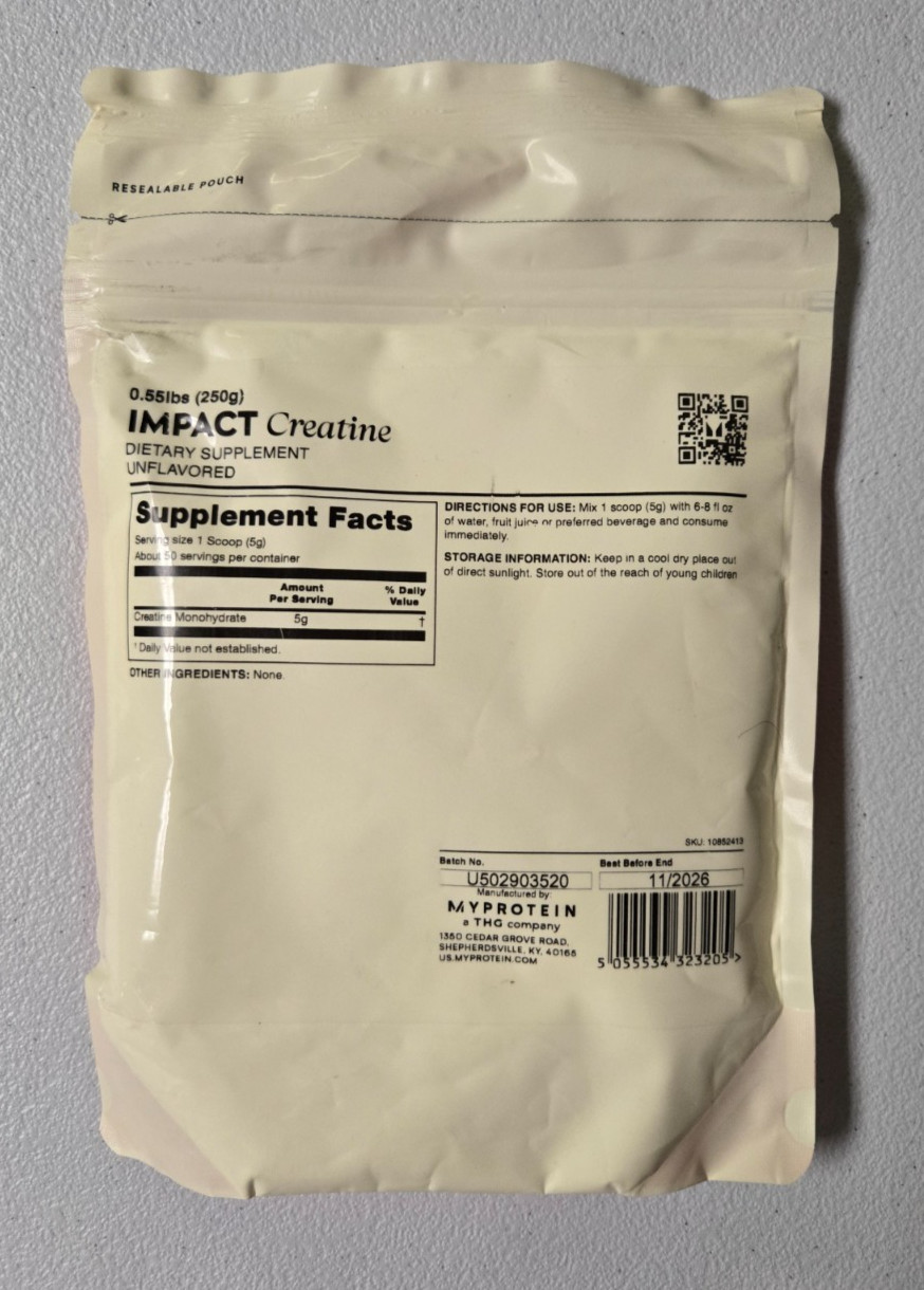 Myprotein Impact Creatine Monohydrate Powder .55lb 50Servings Pure Unflavored