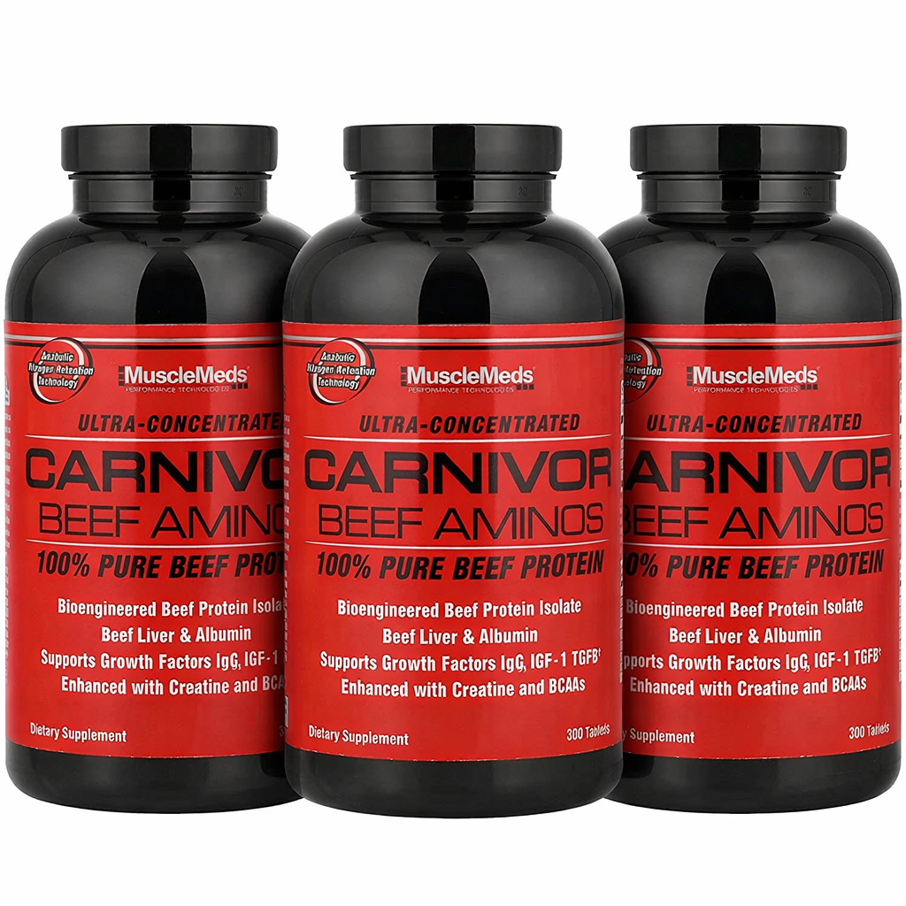 MuscleMeds CARNIVOR BEEF AMINOS 100% Pure Beef Protein 300 Tabs BCAAs [ 3 Pack ]