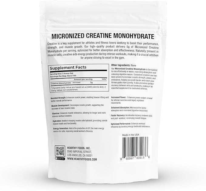 HEARTHY FOODS Creatine Monohydrate Micronized Powder 500G – 100 Servings, 5000mg