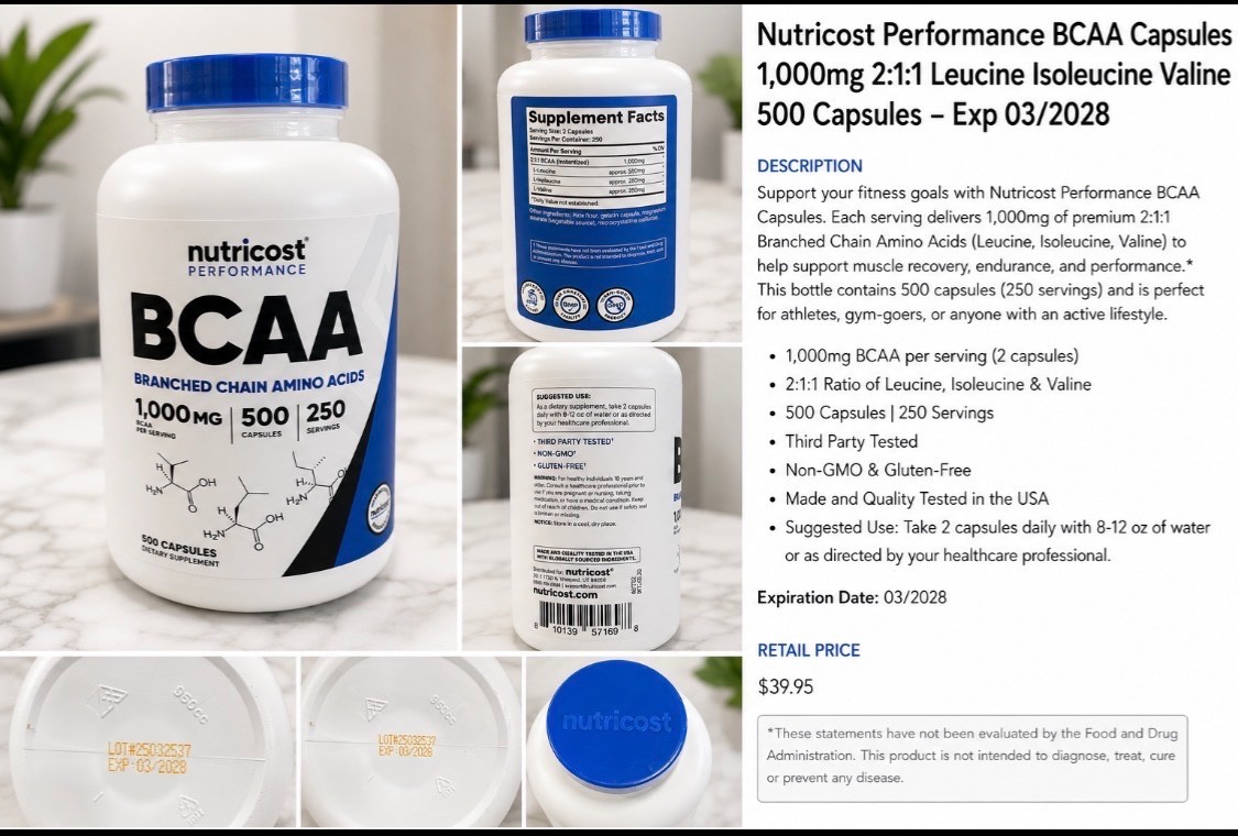 BCAA 1000Mg, 500 Capsules (250 Serv), 2:1:1 Branched Chain Amino Acids (500Mg of