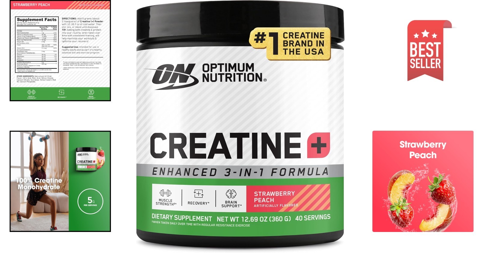 Creatine Monohydrate Plus Powder – Strawberry Peach Flavor, 360g Hydration Blend