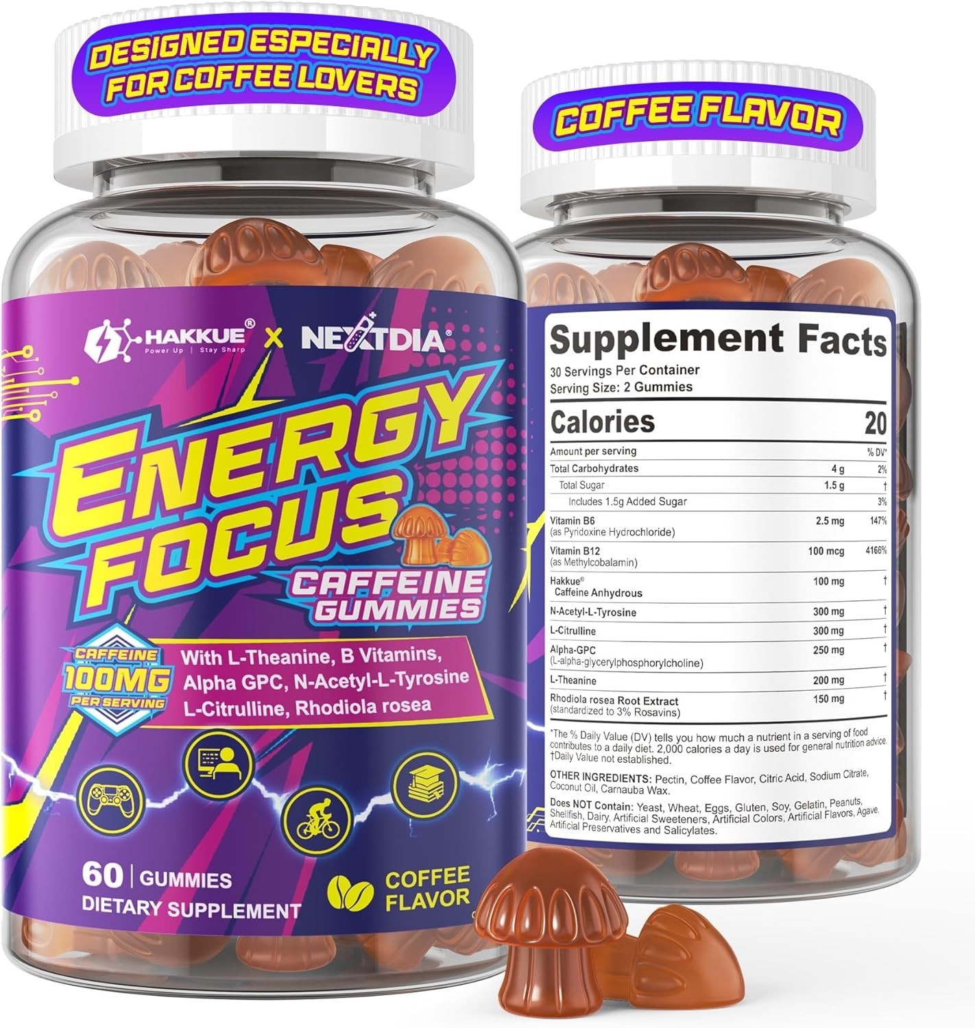 Energy & Focus Gummies with 100mg Caffeine Anhydrous for Gamers, Workers, etc