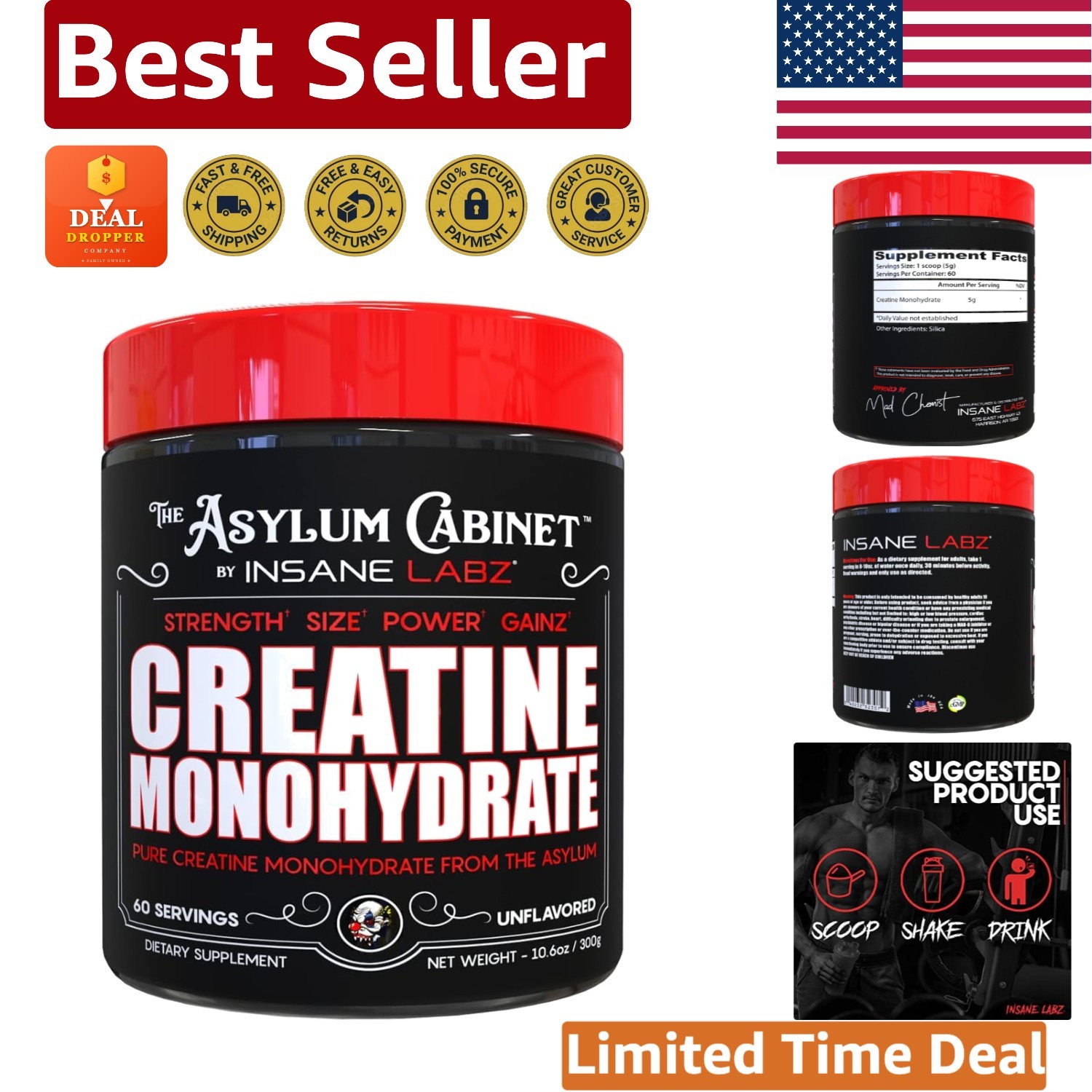Unflavored Creatine Monohydrate – 60 Servings, 5g Per Serving for Strength Boost