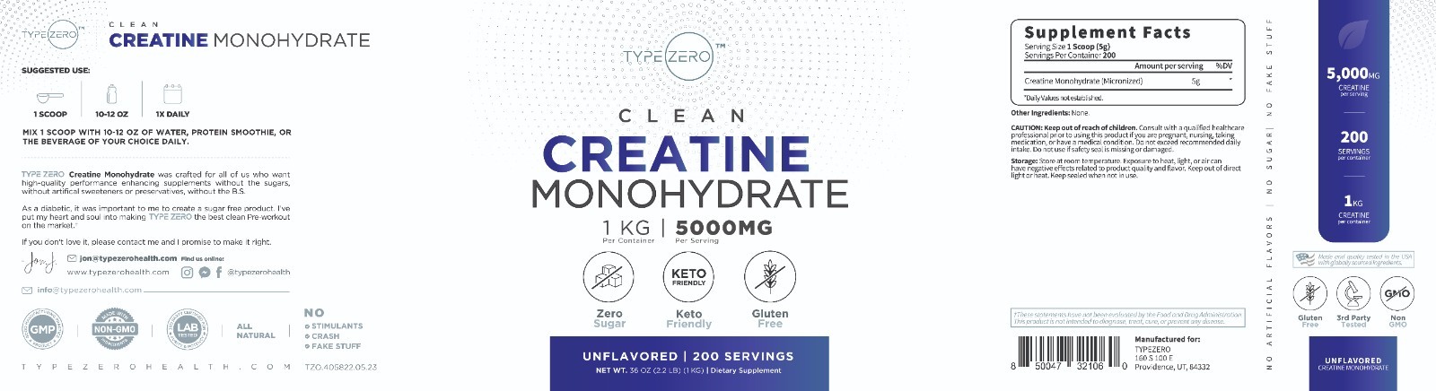 Type Zero Creatine Monohydrate (Unflavored | 1KG), 5000 mg Per Serving