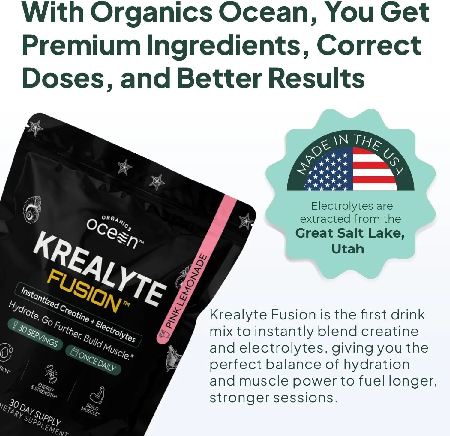 Organics Ocean Krealyte Fusion Creatine Powder Electrolytes Muscle 30 Servings