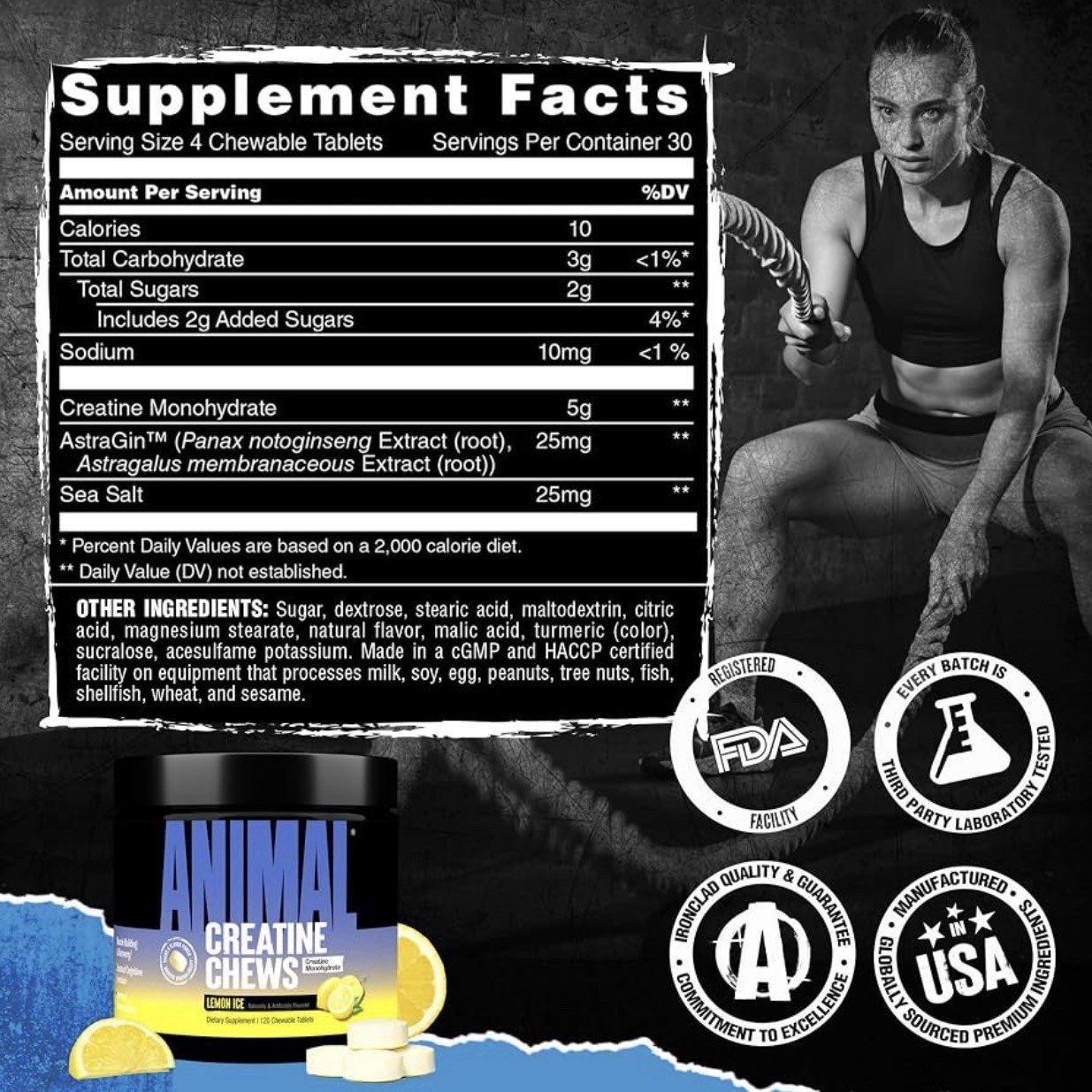 Animal Creatine Chews 5g Creatine Monohydrate Lemon Ice 30 Count Exp 12/2026