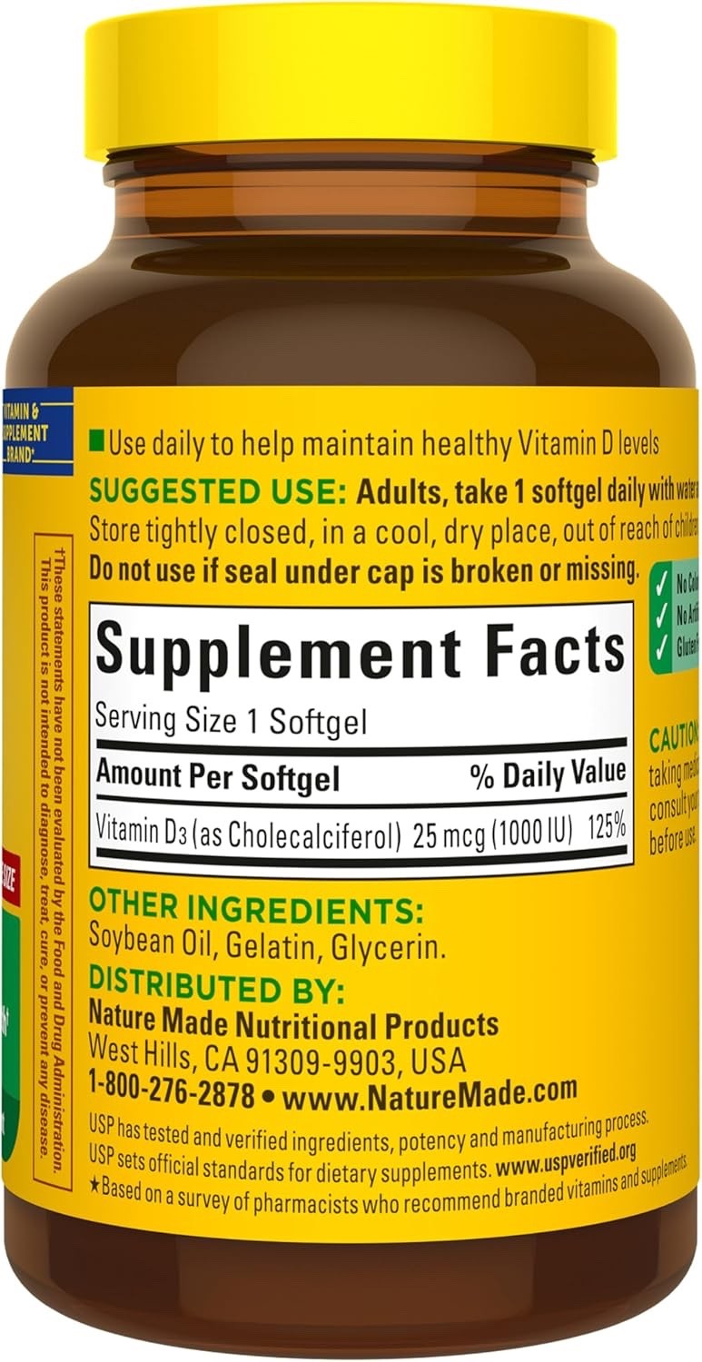 Nature Made Vitamin D3 1000 IU 25 mcg – Strong Bones & Teeth Support Supplement