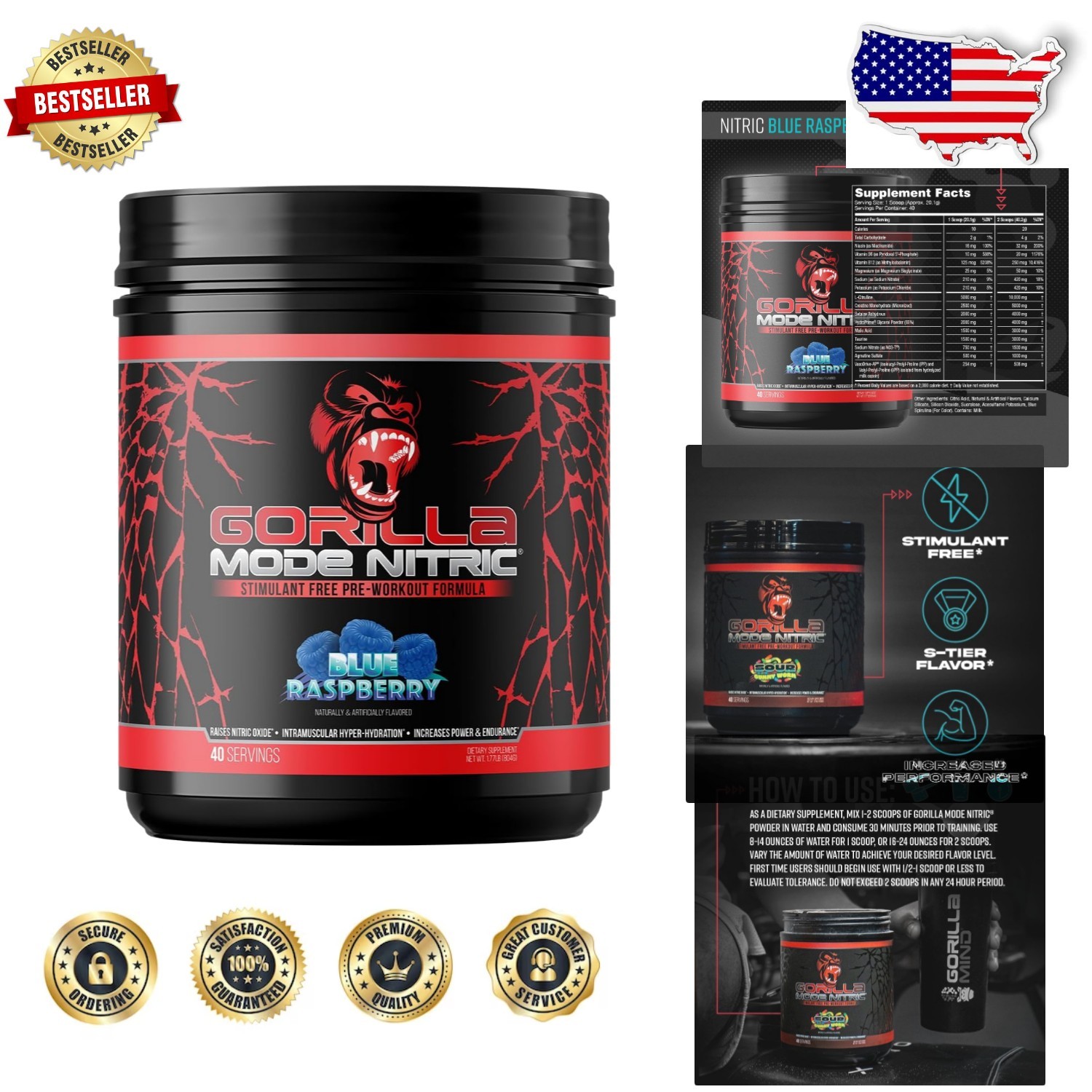 Gorilla Mode Nitric Pre-Workout Blue Raspberry 804g – Max Pumps, Vasodilation…