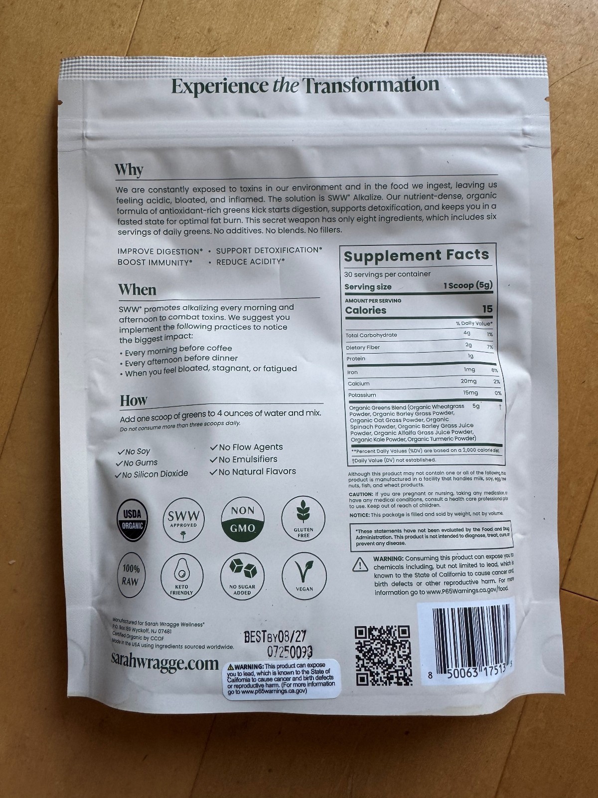 Sarah Wragge Wellness Follow Designer SWW® Alkalize Detoxifying Greens Powder