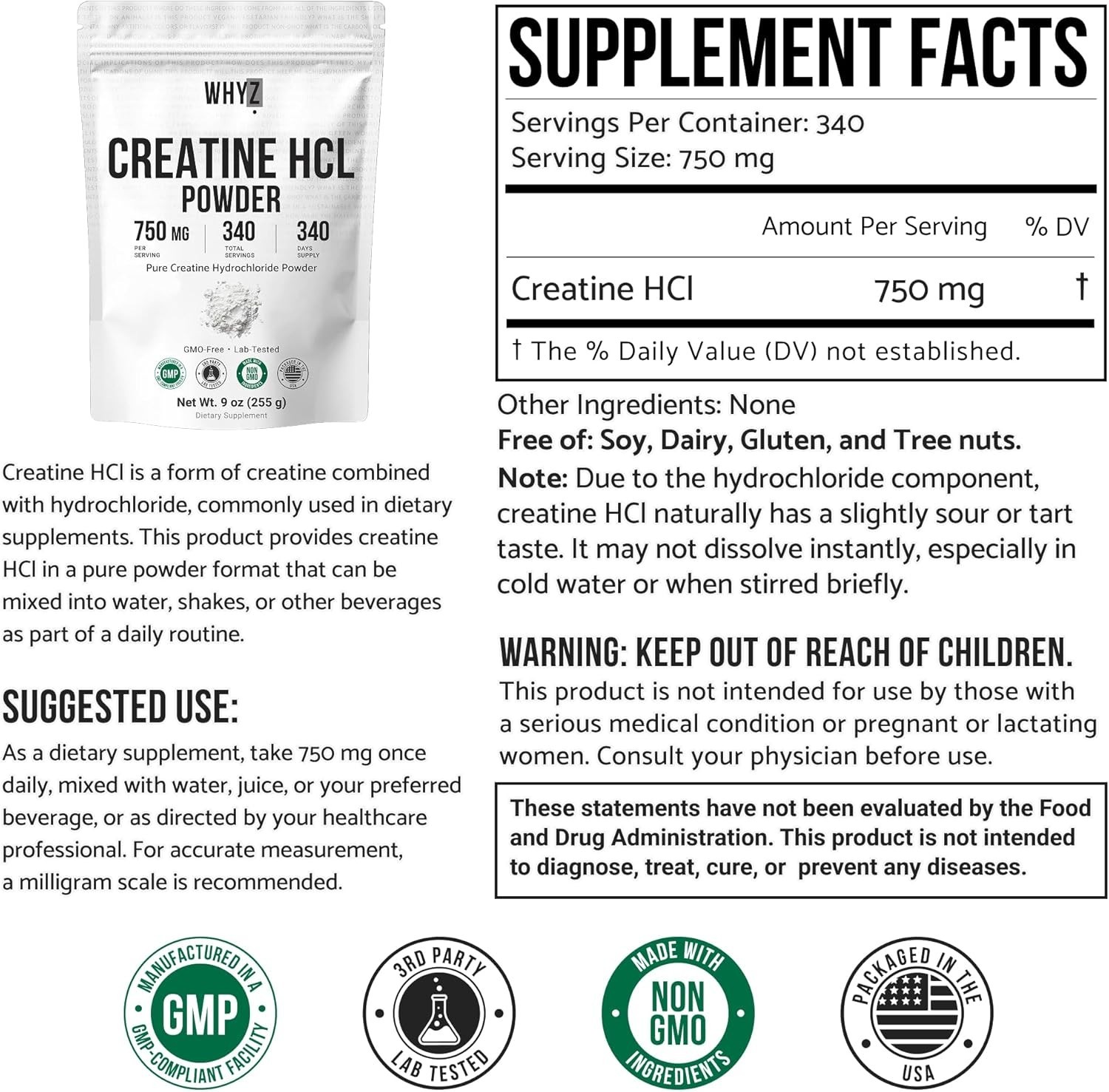 Whyz Pure Creatine HCL Powder Unflavored HCL Creatine Supplement Mix Non-GMO