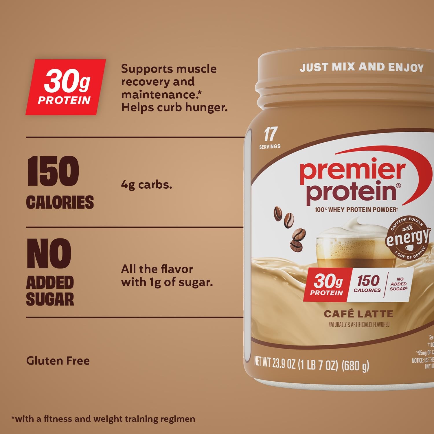 Premier Protein Powder, Café Latte, 30g Protein, 95mg Caffeine for Energy, No…