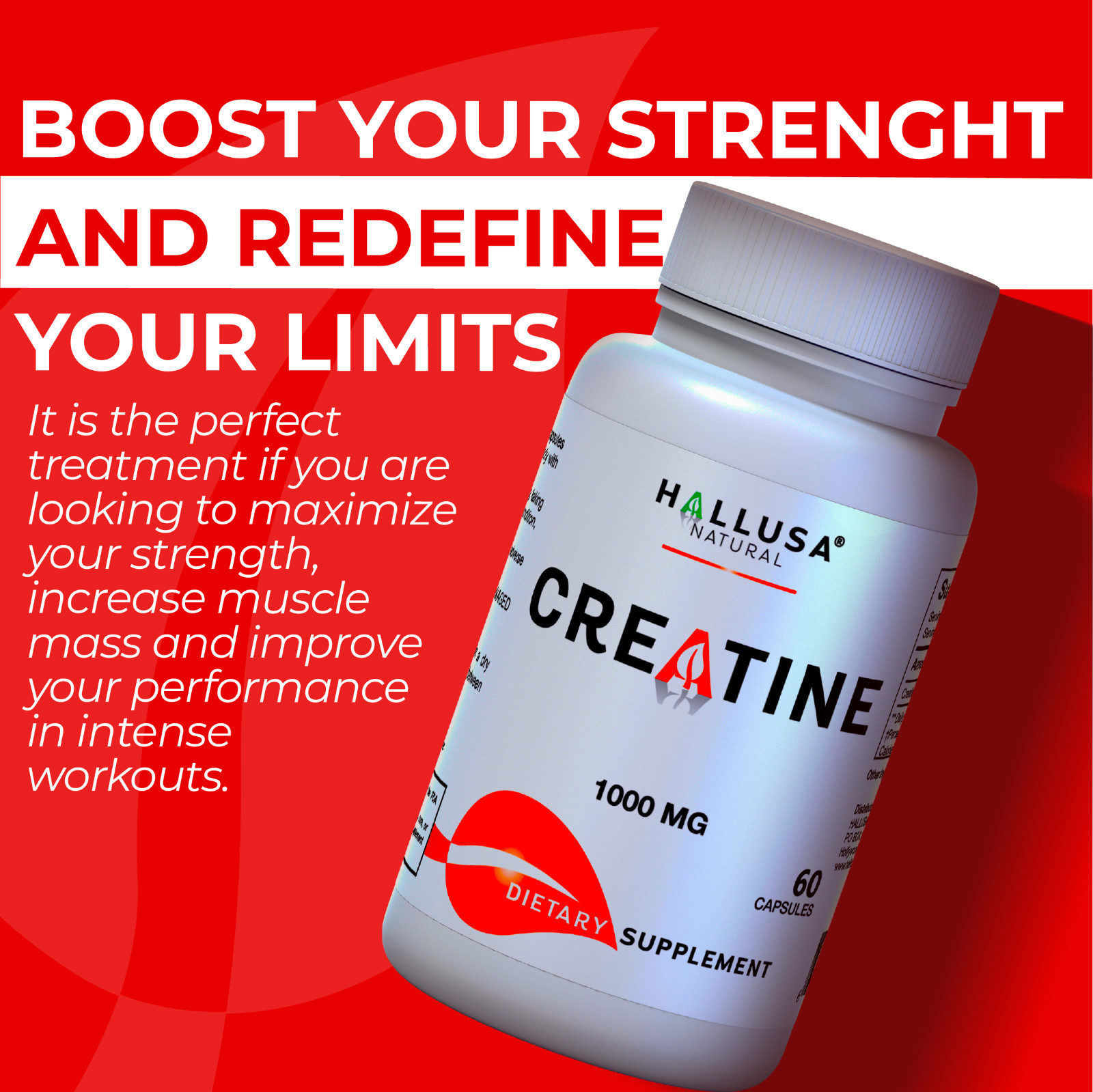 CREATINE, ENERGY & L-ARGININE – 60 Capsules – Supplement Muscle Growth – Gym