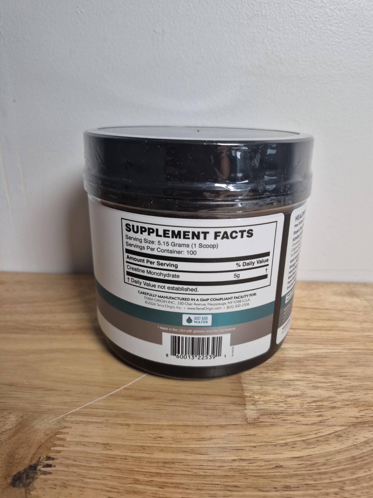 TERRA ORIGIN Creatine Monohydrate Powder Unflavored 100 Servings Gluten Free