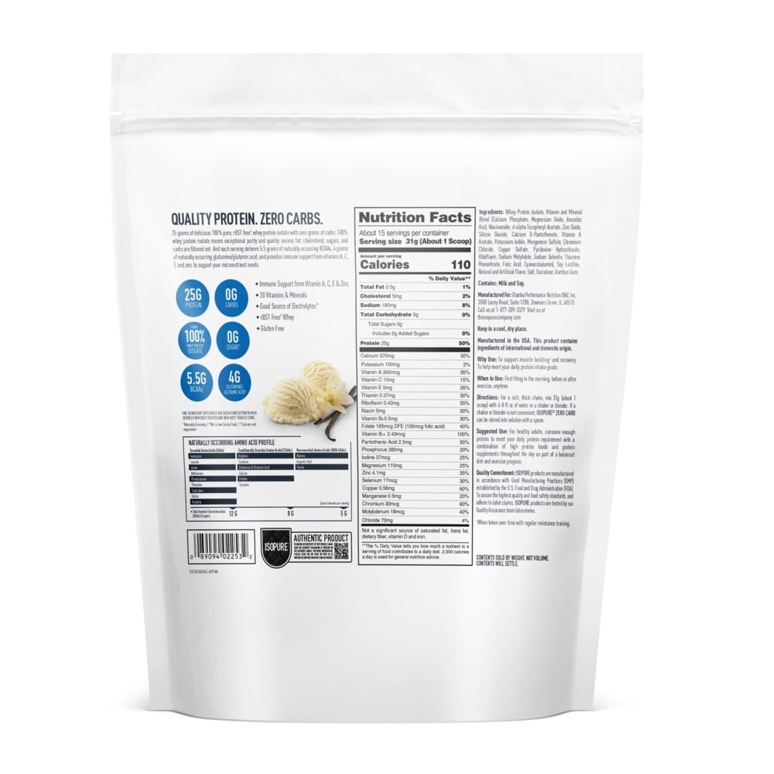 Zero Carb 100% Whey Protein Isolate Powder, Creamy Vanilla, 25G Protein