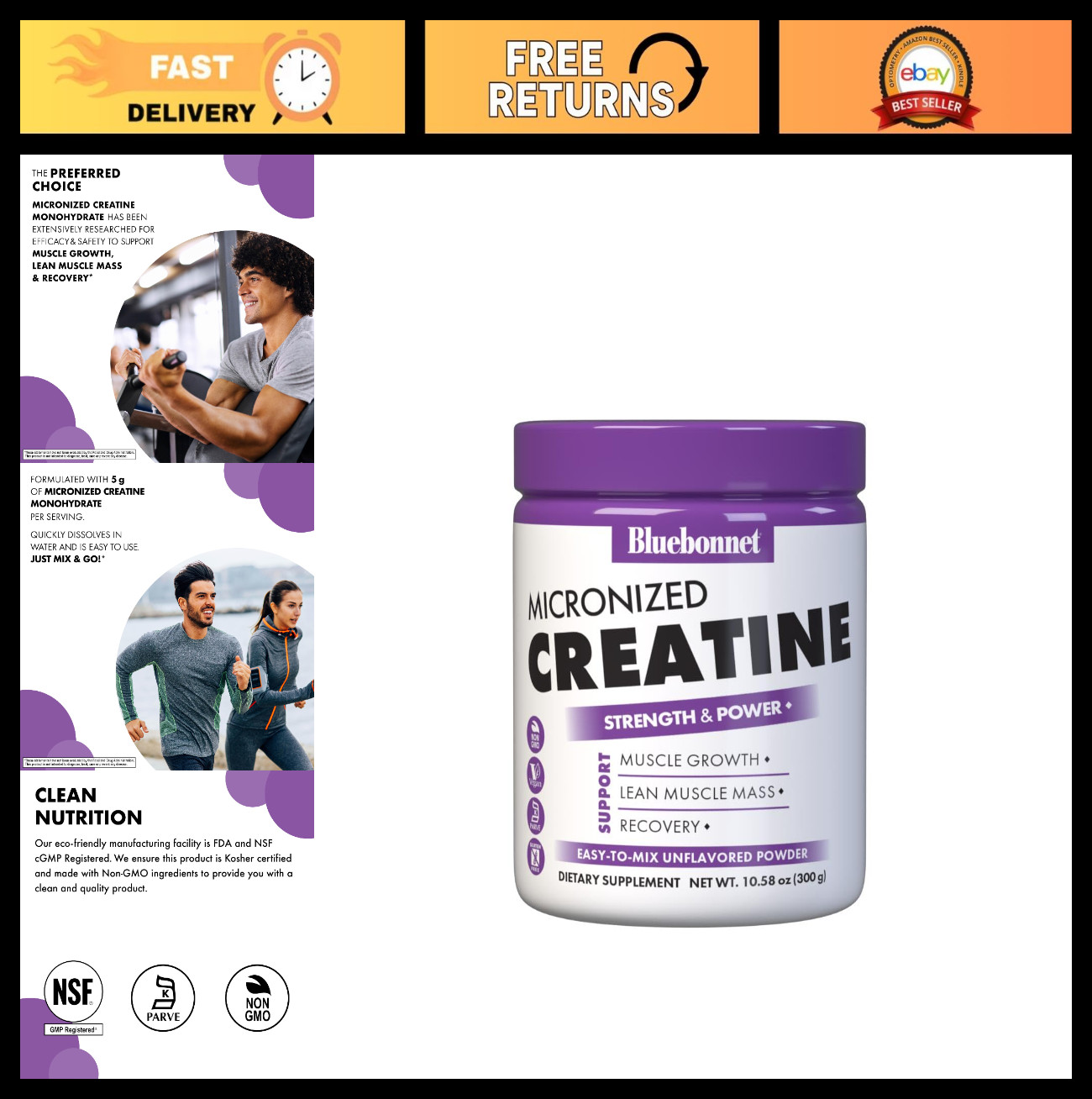 Micronized Creatine Monohydrate 5g – Supports Lean Muscle, Vegan, Non-GMO, Glute