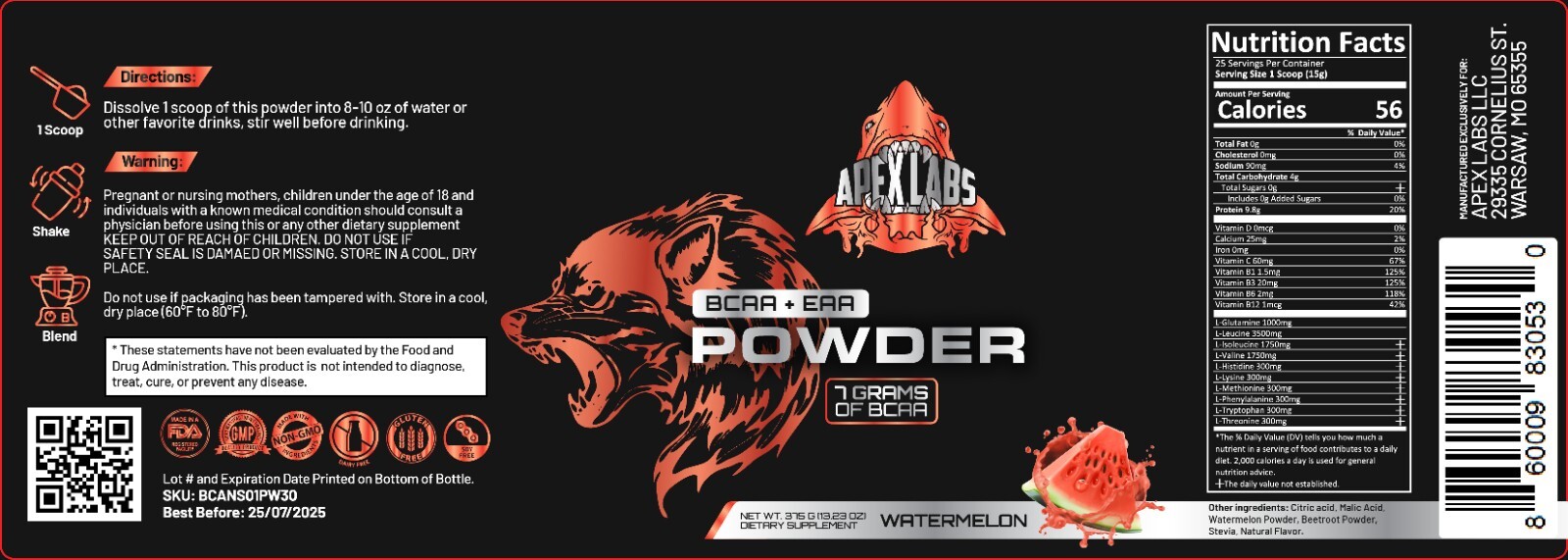 BCAA/EAA Amino Energy Powder Nitric Oxide Booster, Watermelon