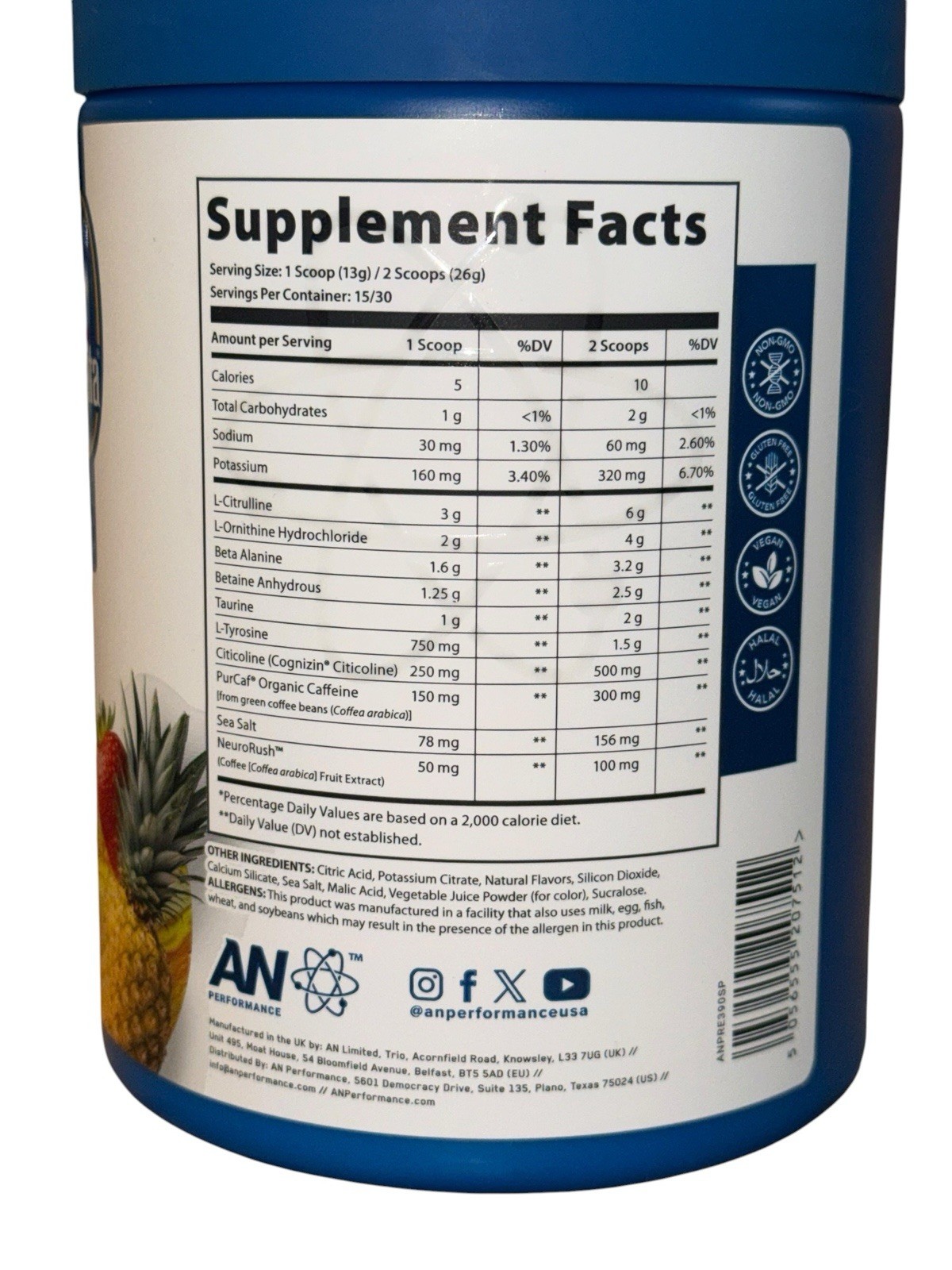 AN Performance Chiquita Pineapple Strawberry Pre Workout 30 Servings EXP10/26