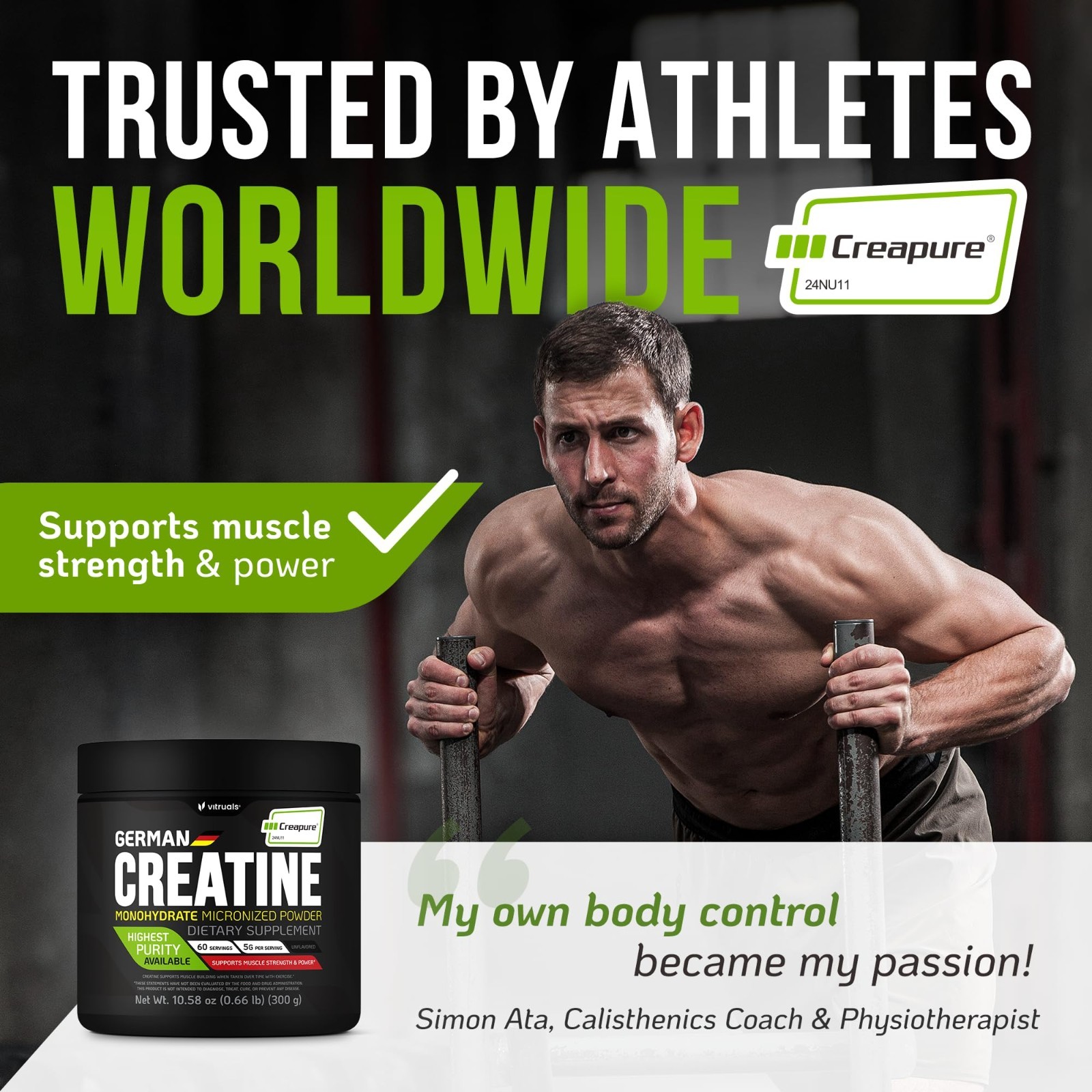 Ultra-Pure Creatine Monohydrate Powder 300g – Strength & Recovery, Vegan, Keto,