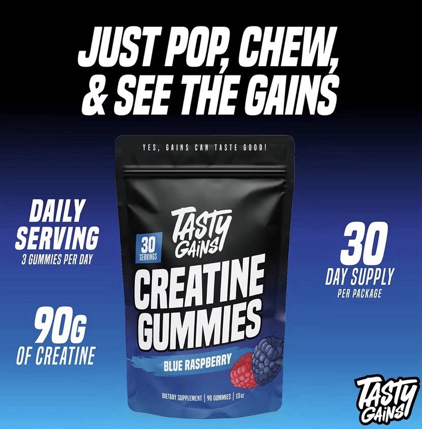 Tasty Gains Creatine Gummies Blue Raspberry 90 Count 30 Servings 15 oz